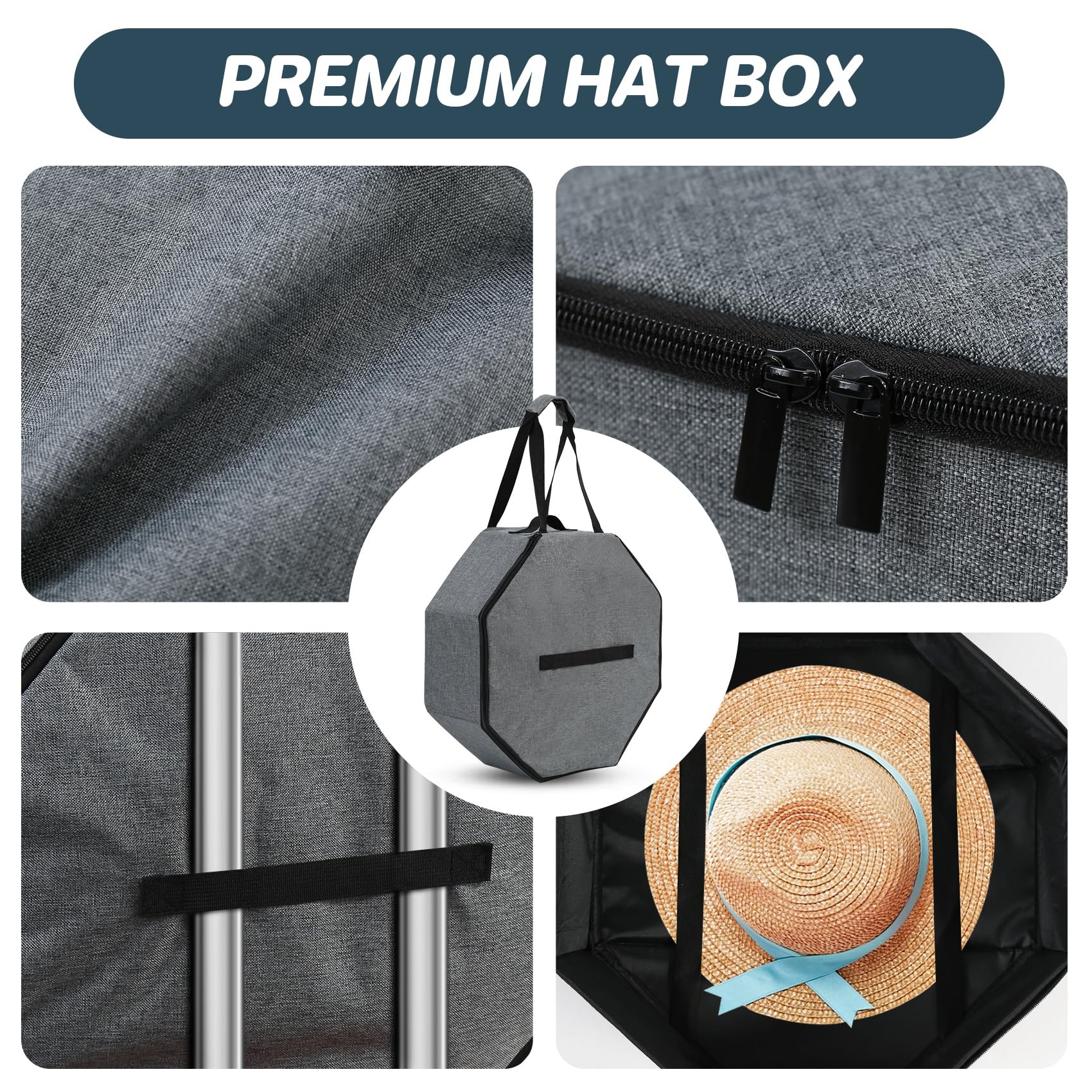 Scatole per cappelli con coperchio, custodia pieghevole per cappelli da baseball con manici e tracolla, scatola rotonda per cappelli con gancio, scatole organizer per cappelli da cowboy
