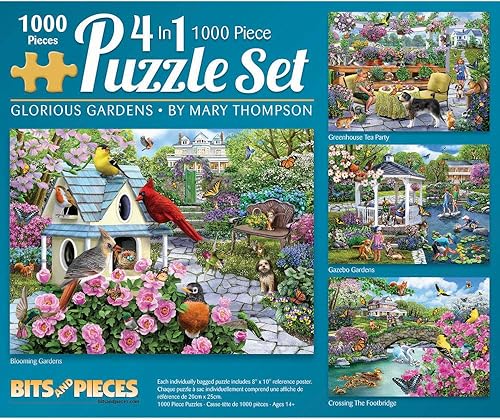 Bits and Pieces Rompecabezas 4 en 1 de 1000 piezas para adultos - Jardines gloriosos de la artista Mary Thompson, tamaño completo del rompecabezas