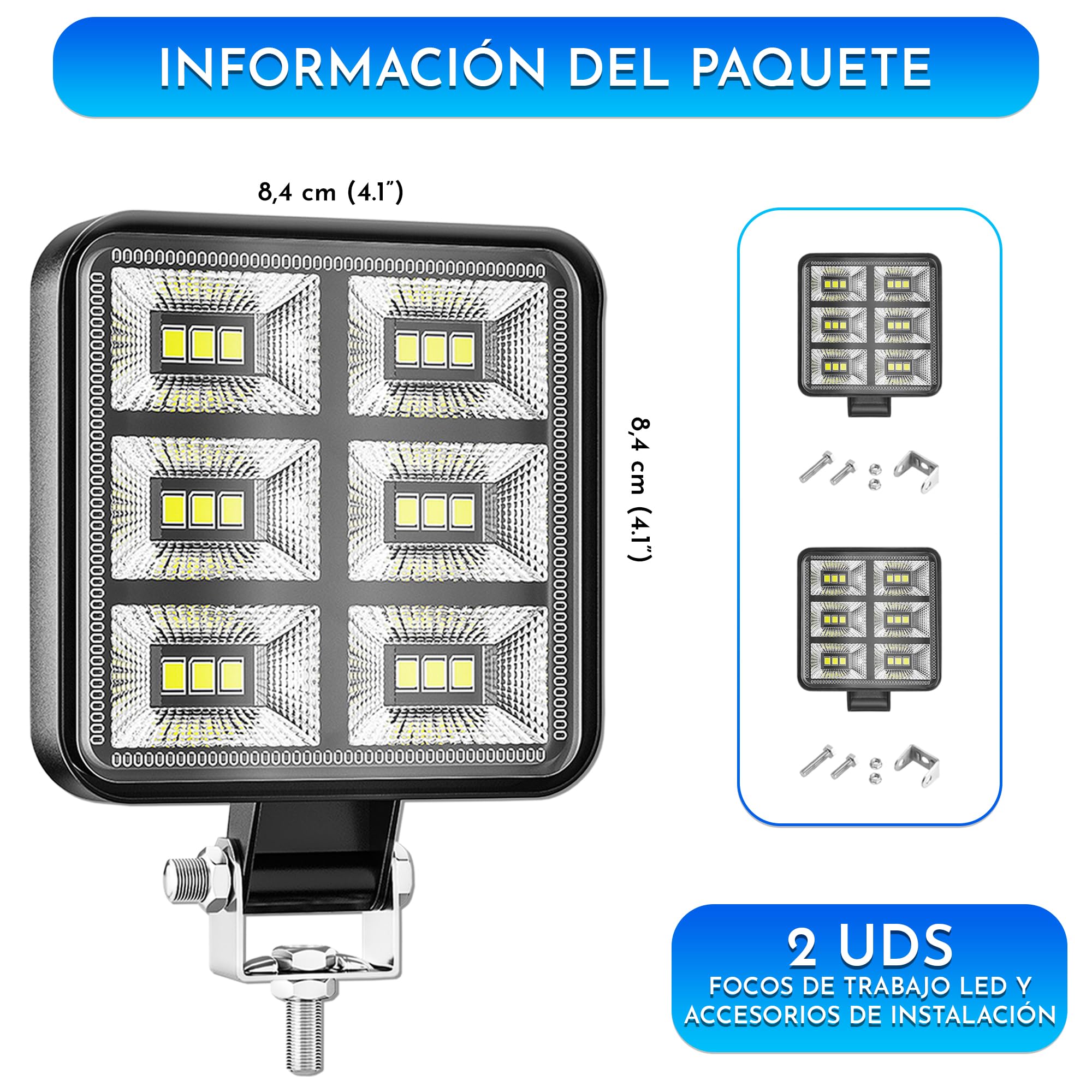 Foco led 12v 2 uds Aluminio abs 18 Leds 6500K 8.4 cm 3.34" IP65 Maxima luminosidad Faros Tractor 4x4 Largo Alcance - 3