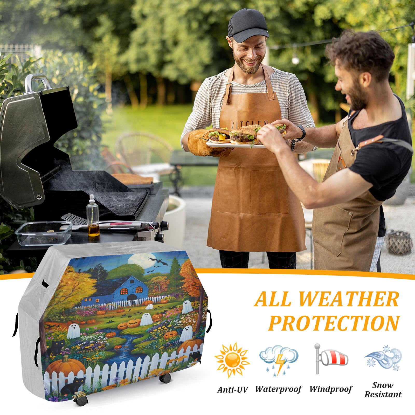 Copertura per barbecue impermeabile di alta qualità, resistente allo sbiadimento, resistente, adatta per griglie fino a 25 in scena autunnale, zucche fantasma