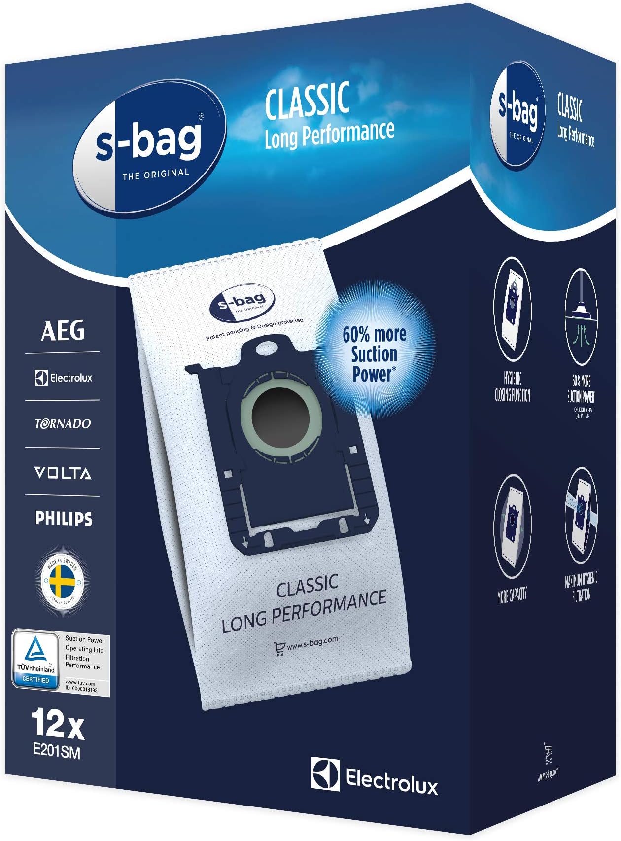 ELECTROLUX - S-BAG CLAS E201SM LONG PERFORMANCE x12 POUR ASPIRATEUR ELECTROLUX - PHILIPS - AEG - VOLTA - TORNADO