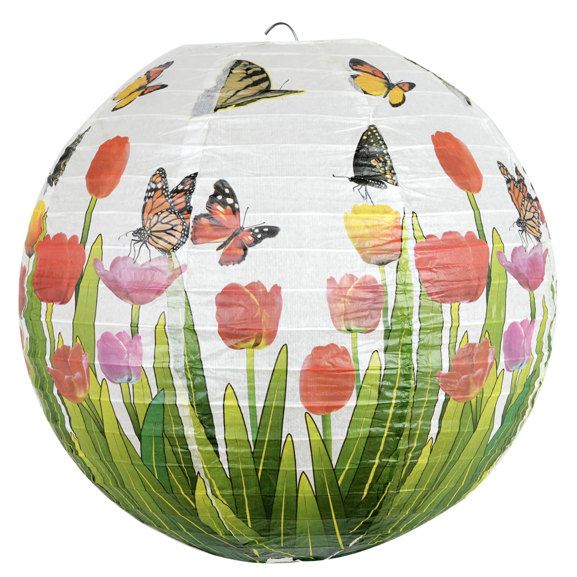 Paper Lampshade Hanging Light Shade 30cm, Oriental Ribbed Japanese Ceiling Fixture with Cherry Blossom & Floral Patterns