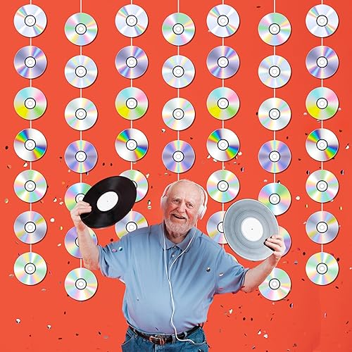 Miniatura 6 de 8 guirnaldas de CD de los años 90, decoraciones para fiestas de cumpleaños iridiscentes con temática de disco de CD para colgar, decoración retro de
