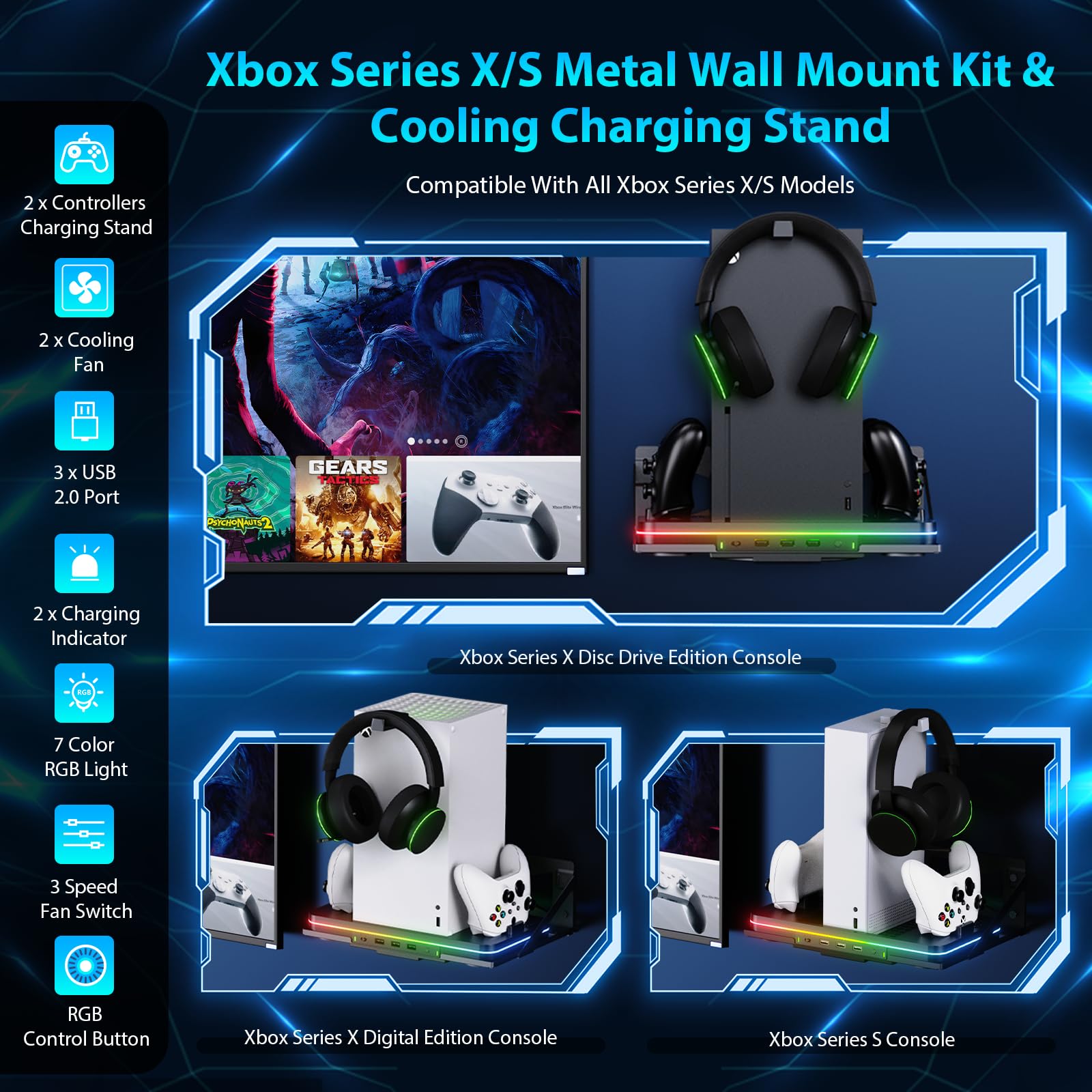 Soporte de pared con ventilador de refrigeración para Xbox Series X/S, estación de carga vertical de doble controlador con 2 baterías recargables de 1100 mAh para accesorios de consola Xbox, 3 puertos