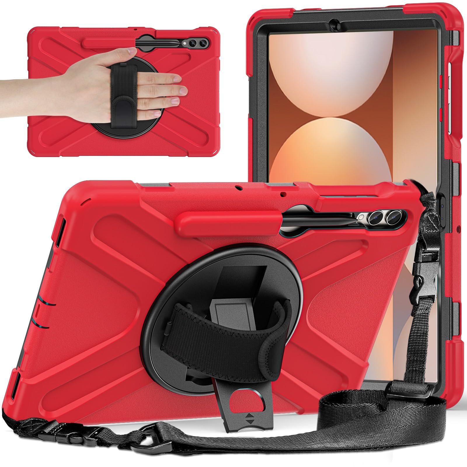 Kompatybilny z etui Samsung Galaxy Tab S9 Plus 12,4 cala 2023 X810/X816B/X818U, wytrzymałe, odporne na wstrząsy chroniące przed upadkiem uchwytem długopis, paskiem ramię i ochronnym pokrowcem(Red 2)