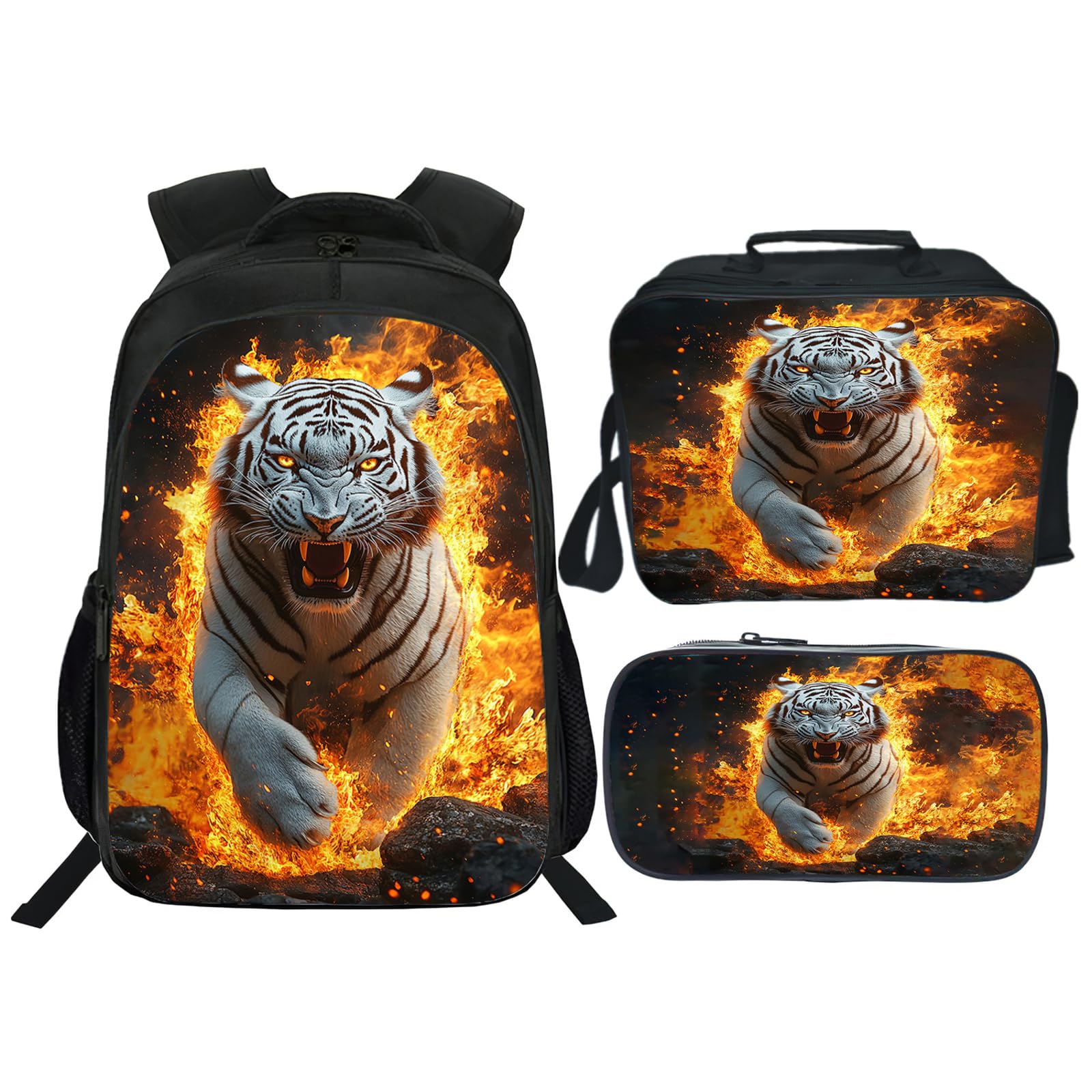 Snapjet White Tiger Backpack 3PCS 16" Preschool Elementary Schoolbag with Lunch Box Pencil Case Bookbag Set for Girls Boys Kids Children Teens School