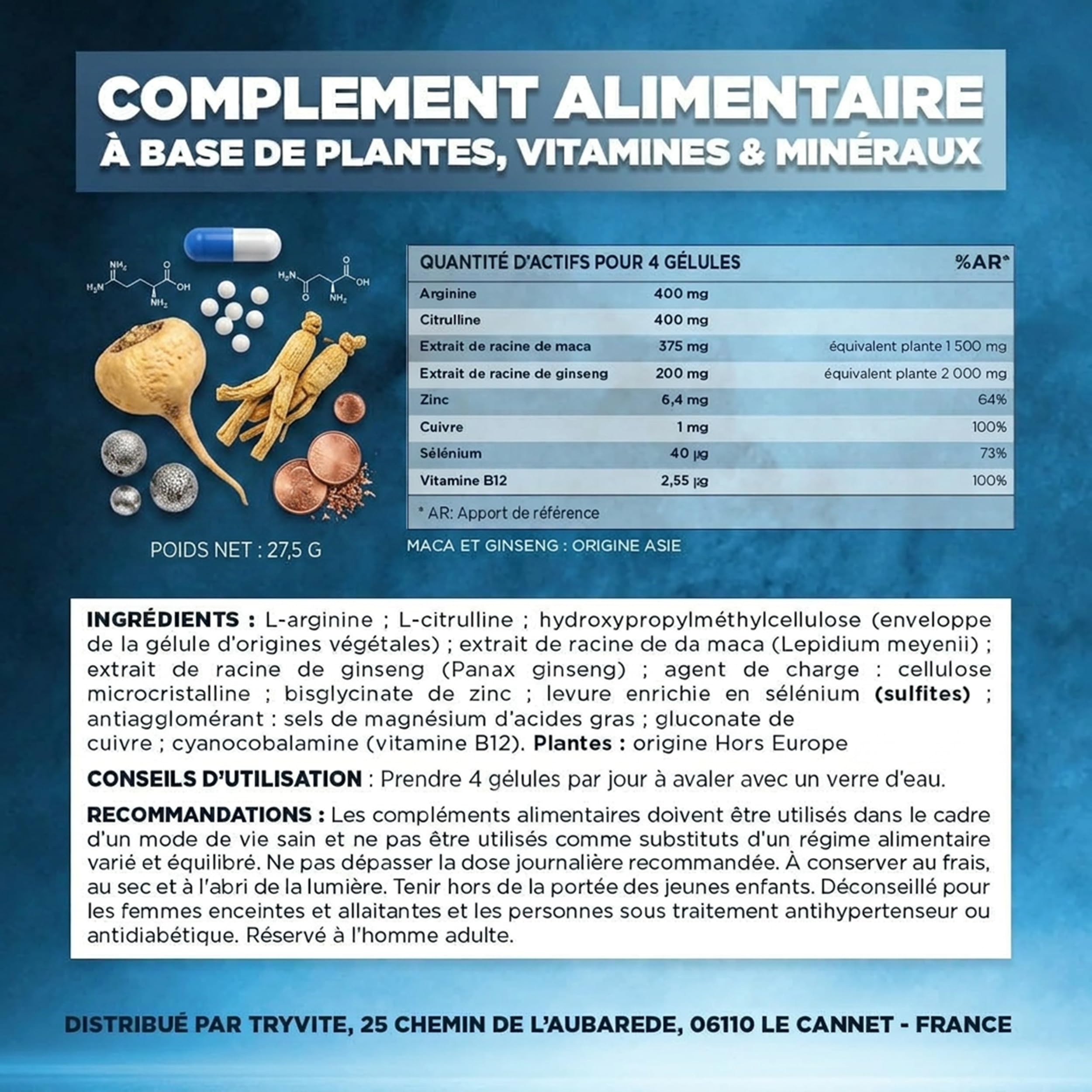 TRYVITE | Formule Pour Hommes Actifs | 60 Gélules Avec Ginseng, Maca, Arginine, Citrulline & Zinc