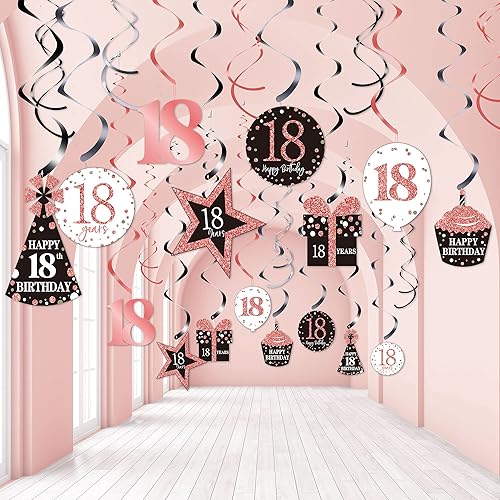 Blulu 30 piezas de decoraciones de cumpleaños número 18 para niñas, remolinos colgantes de cumpleaños de oro rosa, decoraciones de techo, espirales