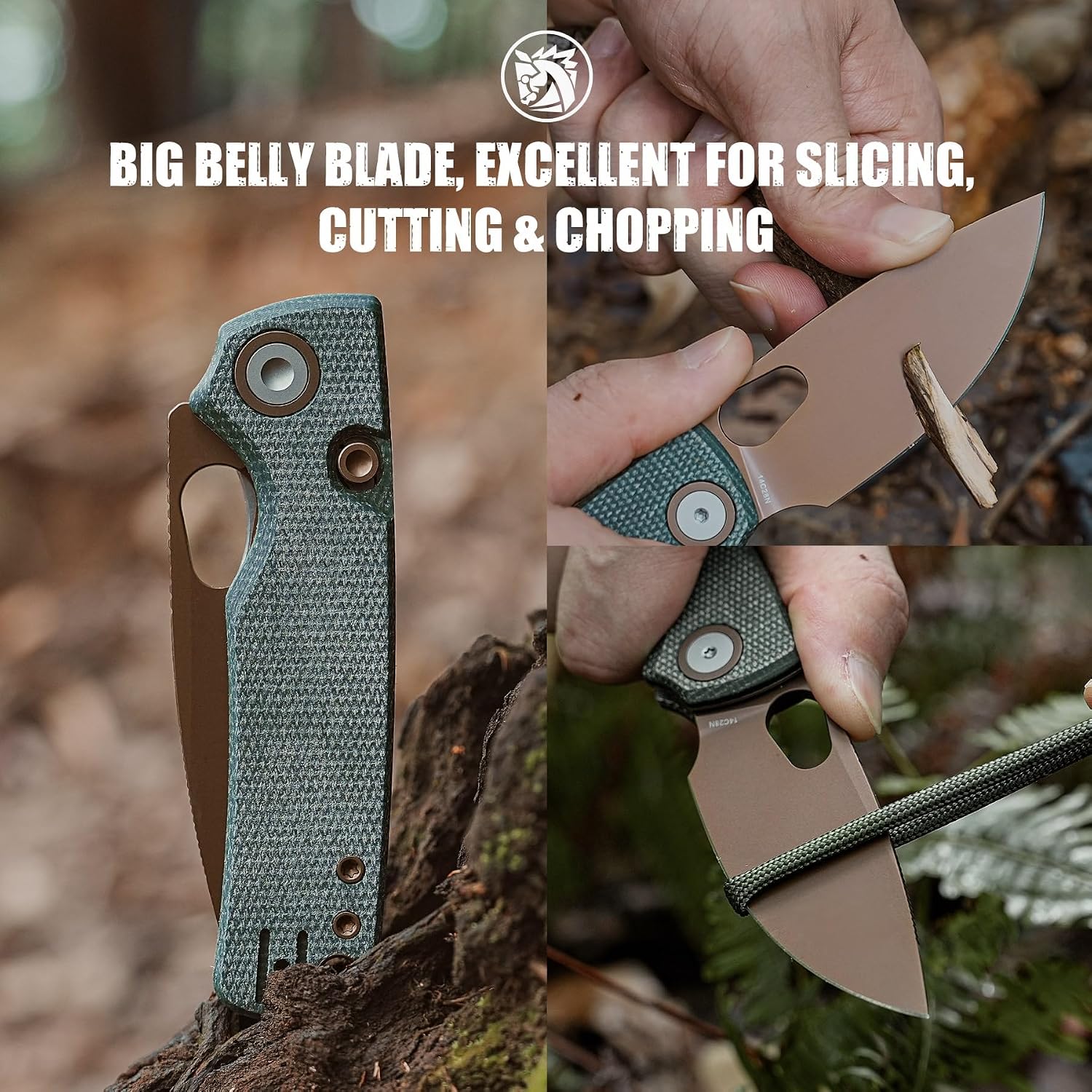 Vosteed Porcupine EDC Pocket Knife - 2.99" 14C28N Copper Dune Blade - Top Liner Lock, Green Micarta Handle - Camping, Hiking Knives - A2609