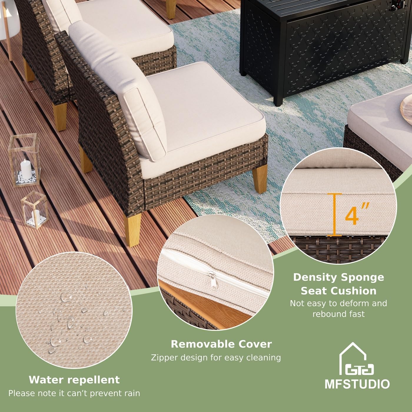 MFSTUDIO 8 Piece Wicker Patio Furniture Set, 4 Armless Sofa, 2 Ottoman, 2-Seat Loveseat, All-Weather Outdoor PE Rattan Patio Conversation Set Sectional Sofa for Garden, Backyard (Beige Cushions)