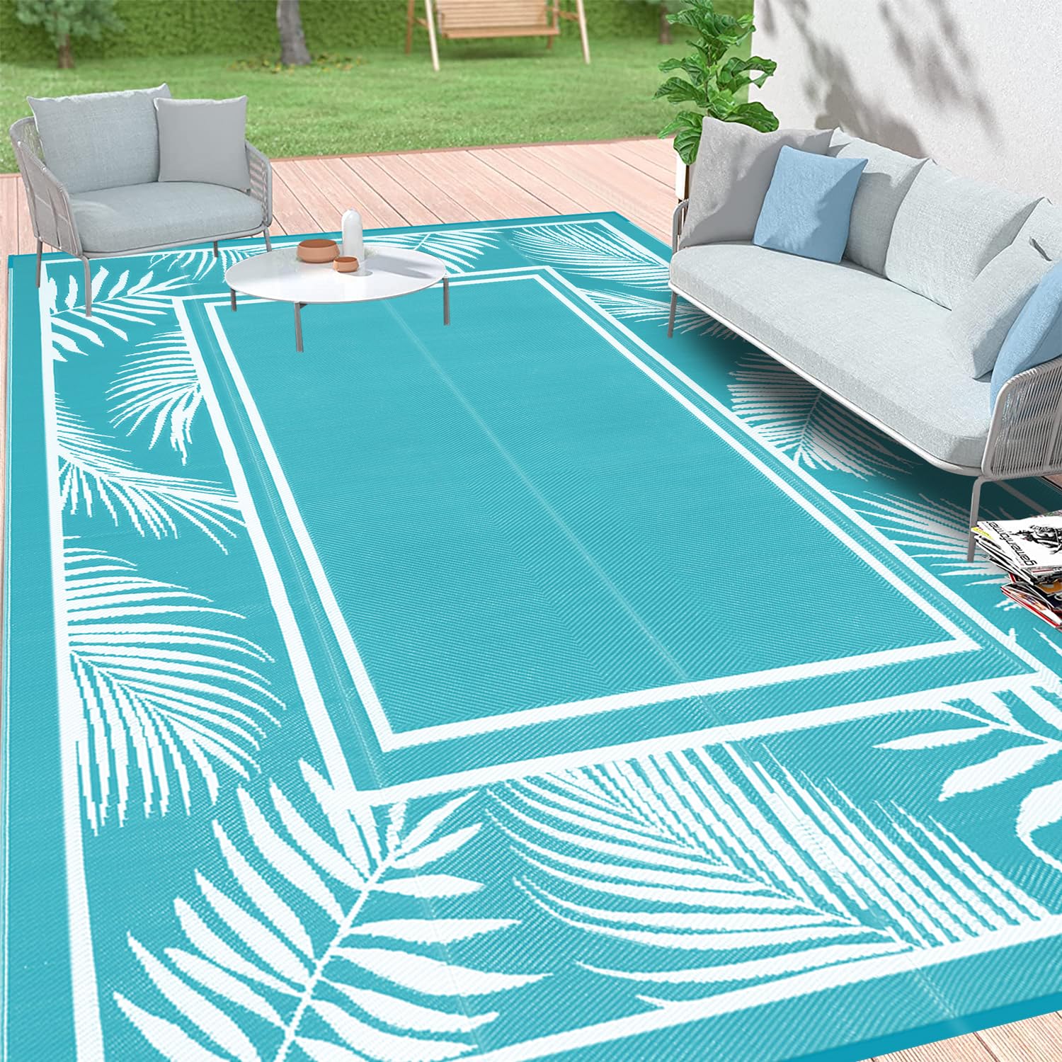 Photo 1 of Bsmathom Outdoor Rugs 9x12 for Patios Clearance, Waterproof Plastic Straw Camping Rug, Portable Large Reversible Mats Outside Rug for Camping, RV, Picnic, Beach, Backyard, Pool Deck,Teal 9'x12' Teal