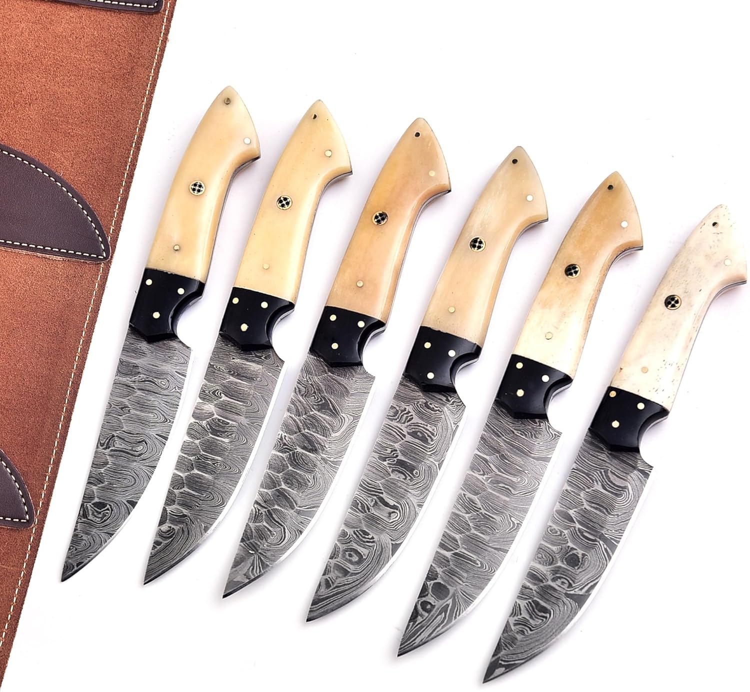 ESOL Professional 6-Piece Damascus Steel Steak Knife Set – Hand-Forged High Carbon Steel with Natural Bone & Mosaic Pin Handles – Luxury Kitchen Dining Set with Genuine Leather Sheath