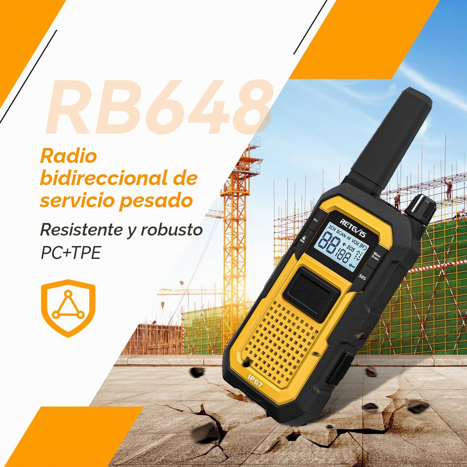 Retevis RB648 Walkie Talkie Profesional, Radio Bidireccional Impermeable | MIL-STD-810H, IP67 Impermeable, Vibración SOS, 2000 mAh, Resistente con Auricular para Construcción (4 Pcs, Amarillo)