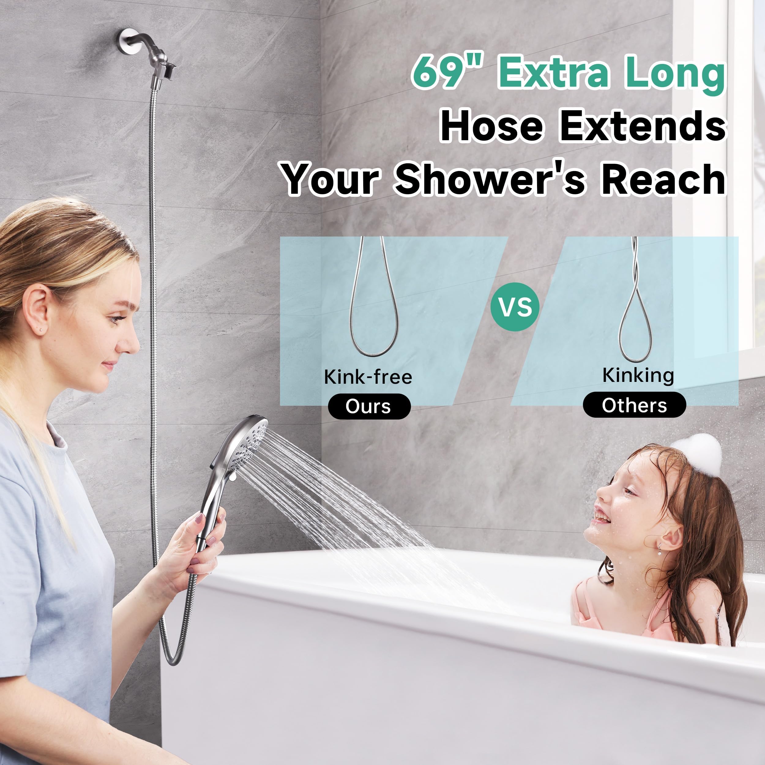 BRIGHT SHOWERS Soffione doccia ad alta pressione con palmare, 9 impostazioni di spruzzo, soffione integrato per pulire vasca e animali domestici, tubo extra lungo da 175,3 cm, staffa regolabile,