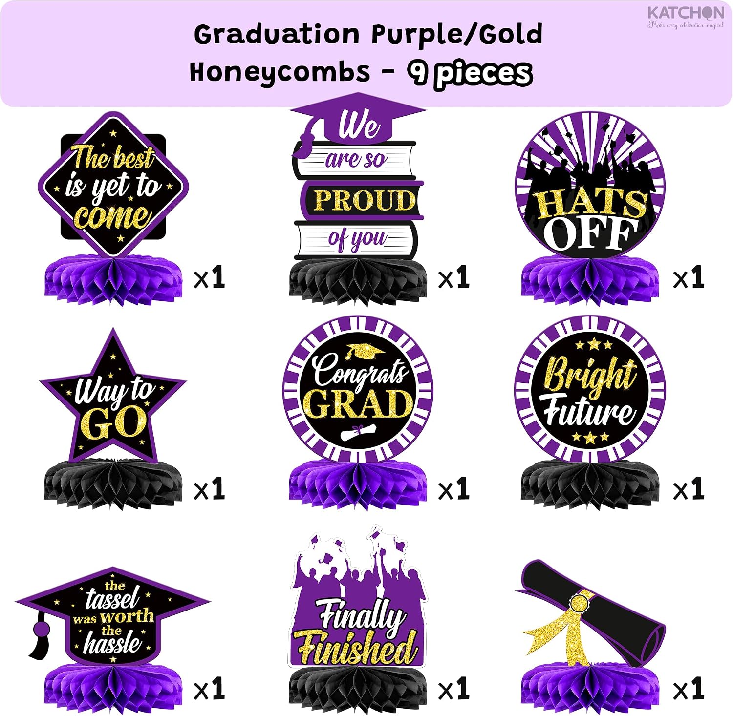Graduation Decorations 2026 | Purple and Gold Graduation Centerpieces for Tables 2026 - Pack of 9 | Graduation Table centerpieces | Katchon