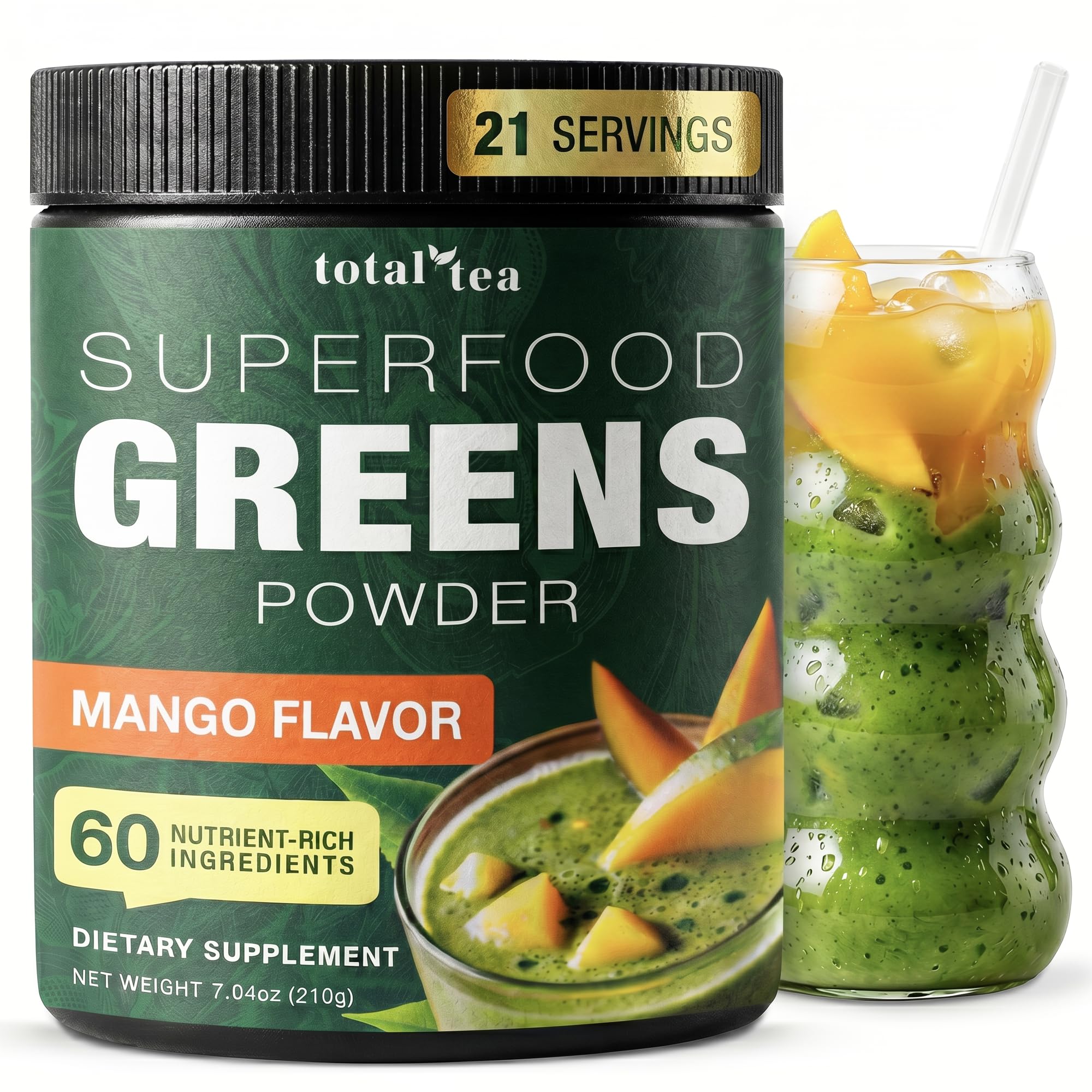 Total Tea Super Greens Powder Supplement, Greens, Fruits, Vegetables, Vegan Drink with Spirulina, Chlorella and Vitamins 21 Servings - Mango