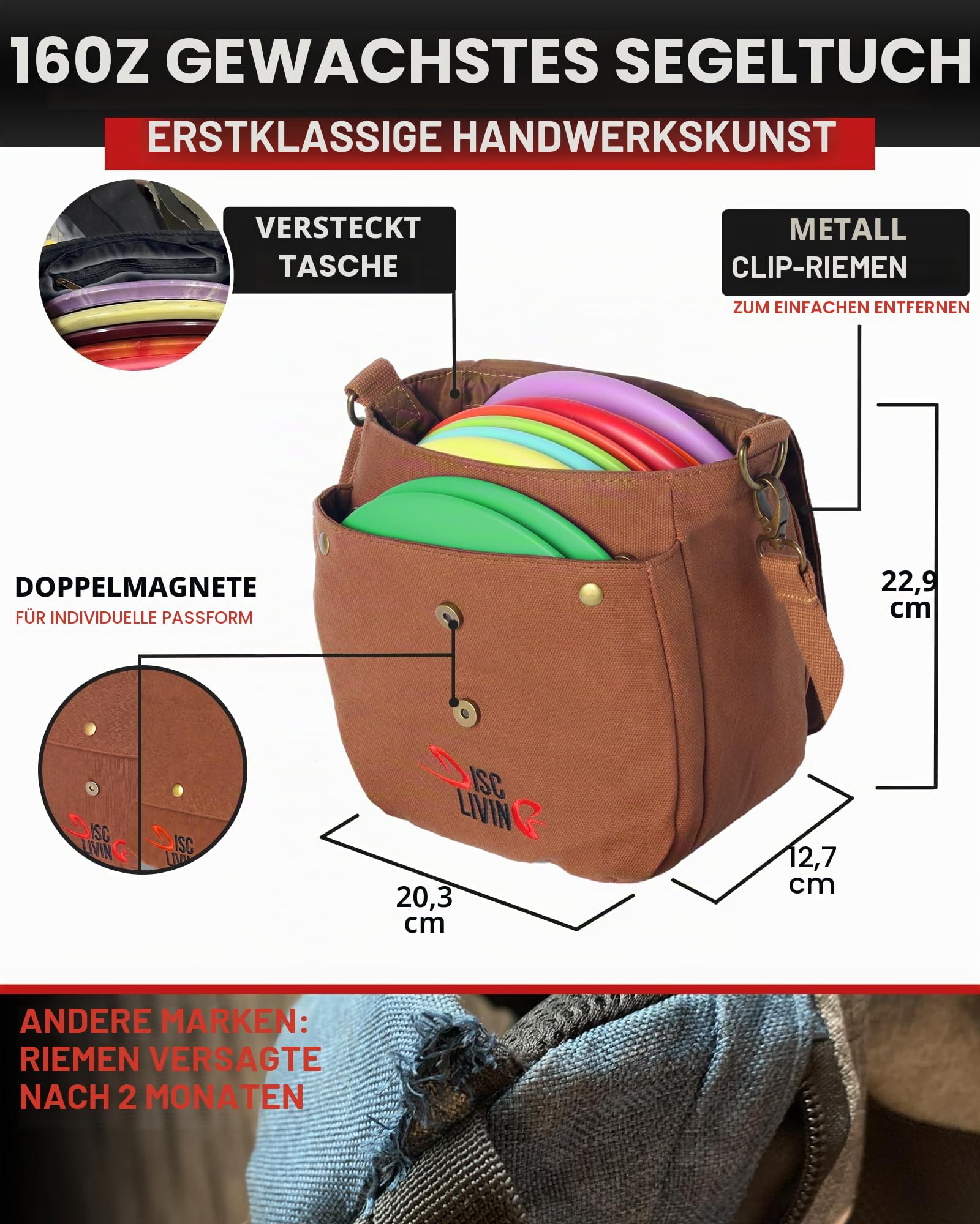 Disc Golf Bag | Frisbee Golf Bag | Easy to Carry | Lightweight Fits Up to 10 Discs | 16 oz Waxed Canvas Sturdy Design | Belt Loop | Double Button Design | Bottle Holder