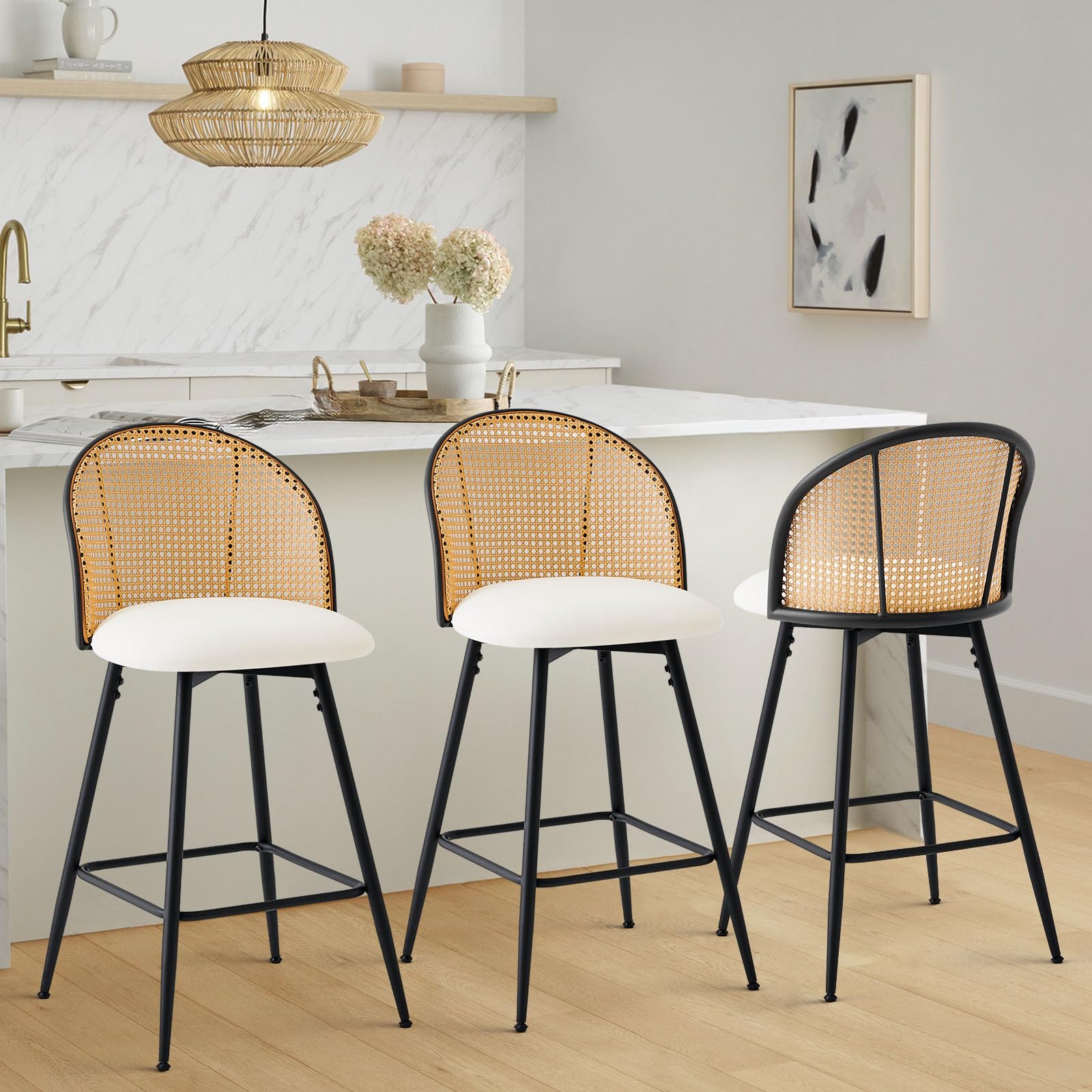 Bekrvio Counter Height Bar Stools Set of 3, 360° Swivel Upholstered Barstools with Rattan Full Back & Metal Legs, PU Leather 𝟐𝟔" Mid Century Modern
