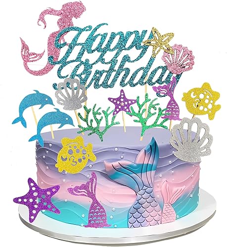 Juego de adornos para tartas de cumpleaños de sirena, decoración temática oceánica brillante con decoración de feliz cumpleaños y 12 selecciones
