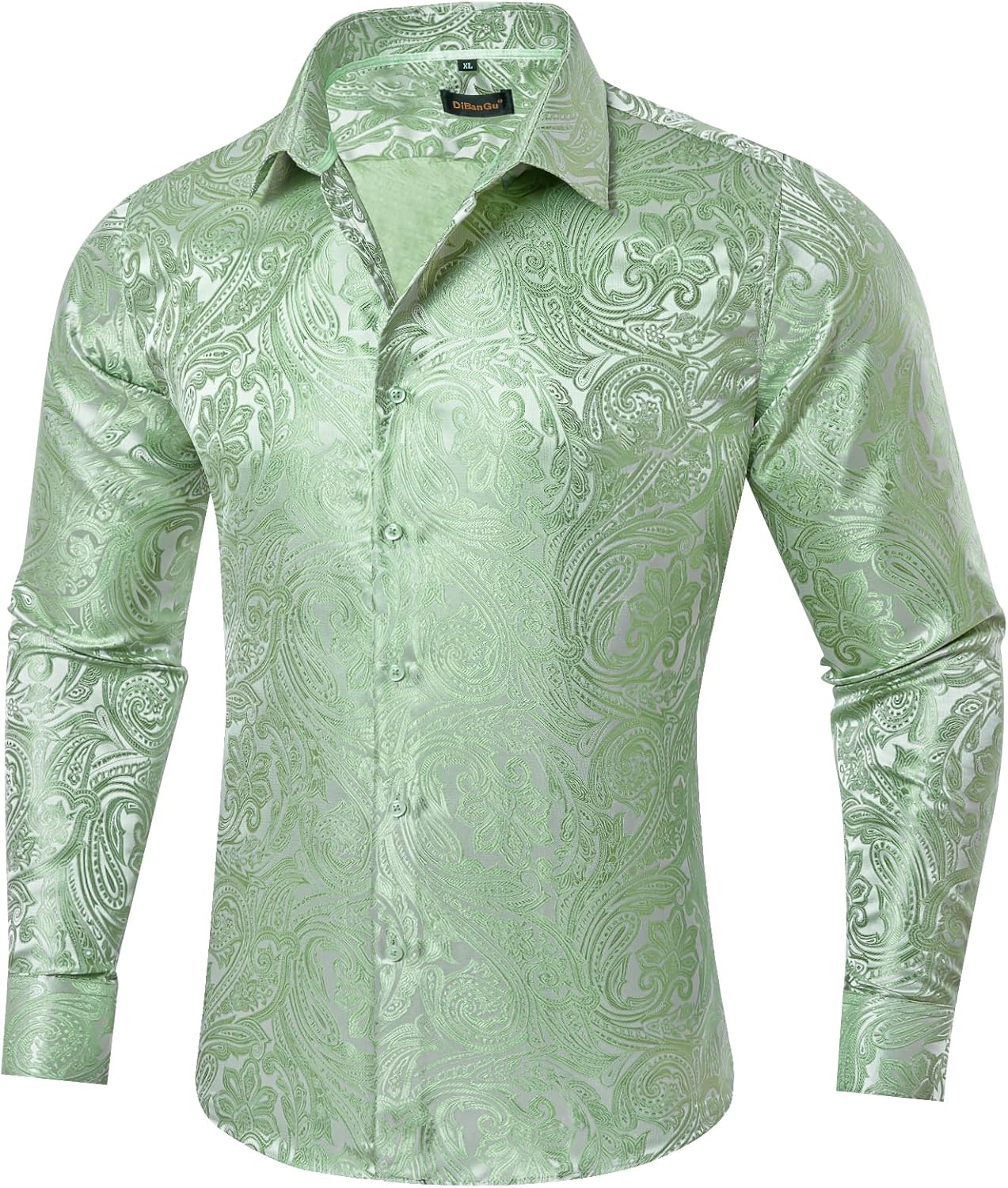 DiBanGu Mens Silk Paisley Dress Shirts,Long Sleeve Button Down Shirt Casual Regular Fit Shirt for Men Wedding Party X-Large Sage Green-paisley