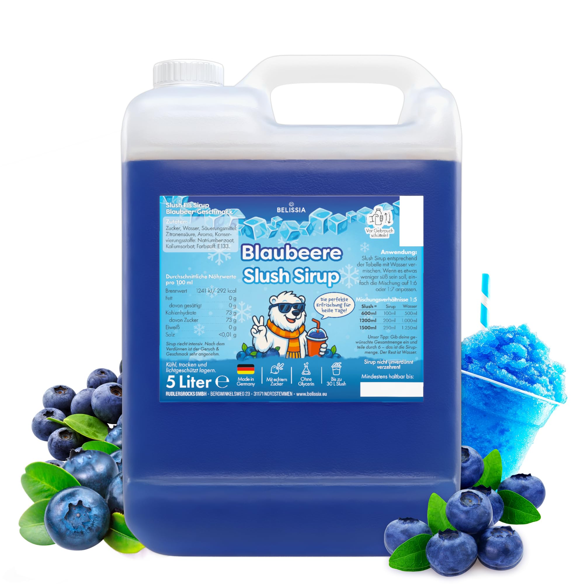Belissia Slush Eis Sirup 5L Konzentrat | Blaubeer Geschmack | sehr ergiebig in knalligen Farben (1:5) für bis zu 30L | Glycerin frei – für Slush-Eis - Maschinen & Wassereis