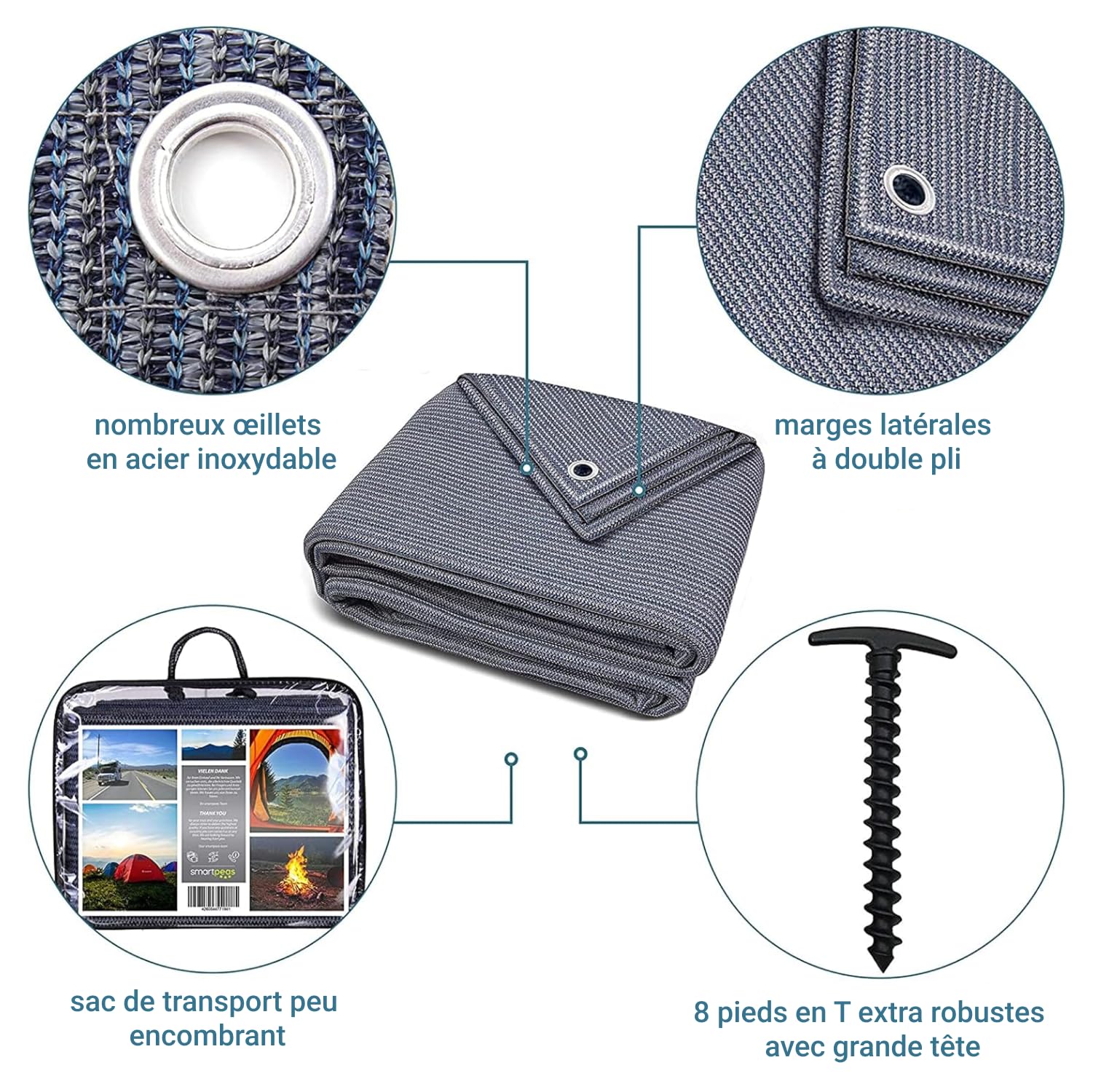 Tapis De Sol Extérieur Polyéthylène Bleu/Gris Œillets Acier Inoxydable Robuste Lavable Sac Transport 8 Piquets Niveau À Bulle