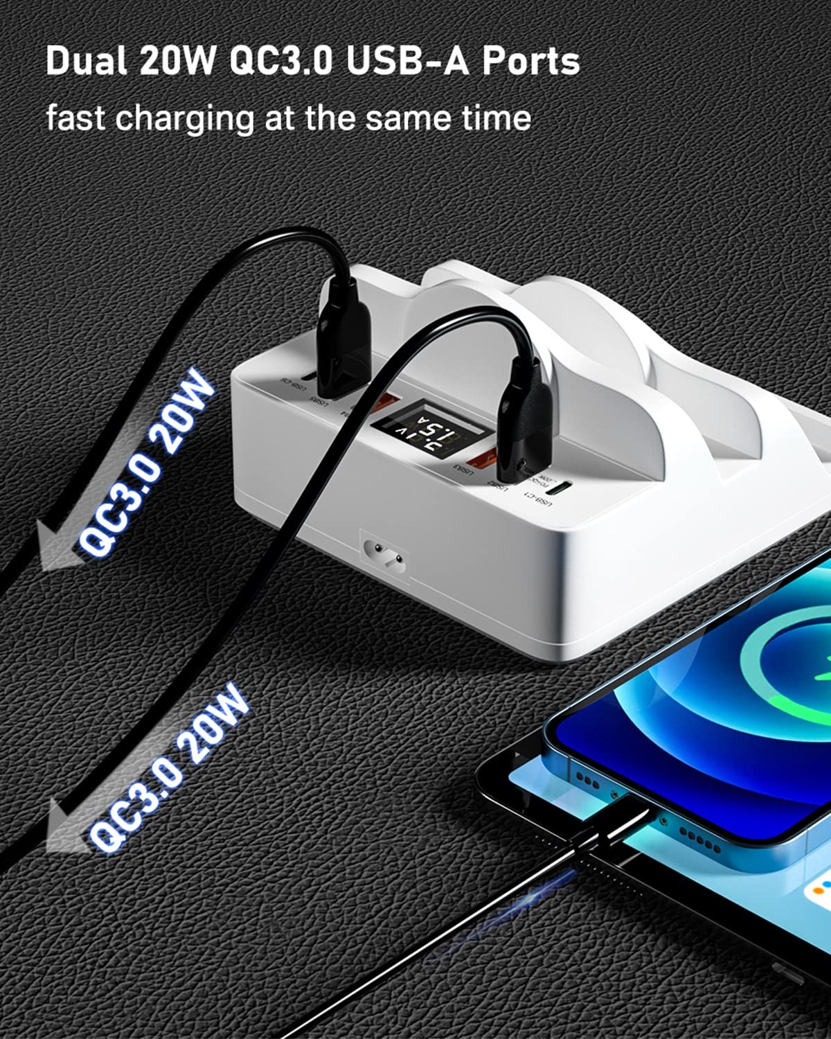 80W 6-Anschlüssen USB-Ladegerät, USB Ladestation mit PD-Schnellladegerät mit QC 3.0 USB-Anschluss, Dual Kabelloses Ladegerät, LCD-Display, USB-C-Lade-Desktop-Hub für iPhone iPad Samsung