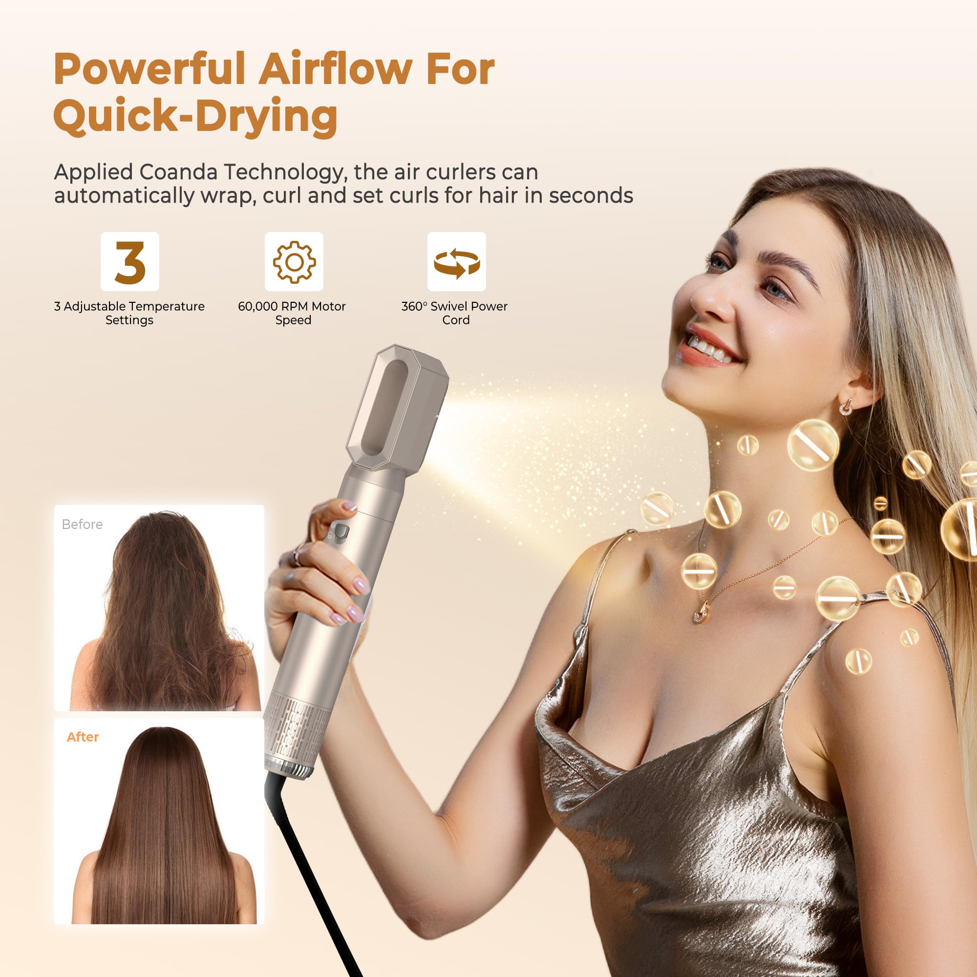 UKLISS Cepillo Secador de Pelo 6 en 1 - Cepillo de Aire Caliente Peinador con Rizador, Thermal Brush, Secado Rápido, Moldeador Pelo Voluminizador- Rizos, Volumen, Alisado y Secado (Dorado)