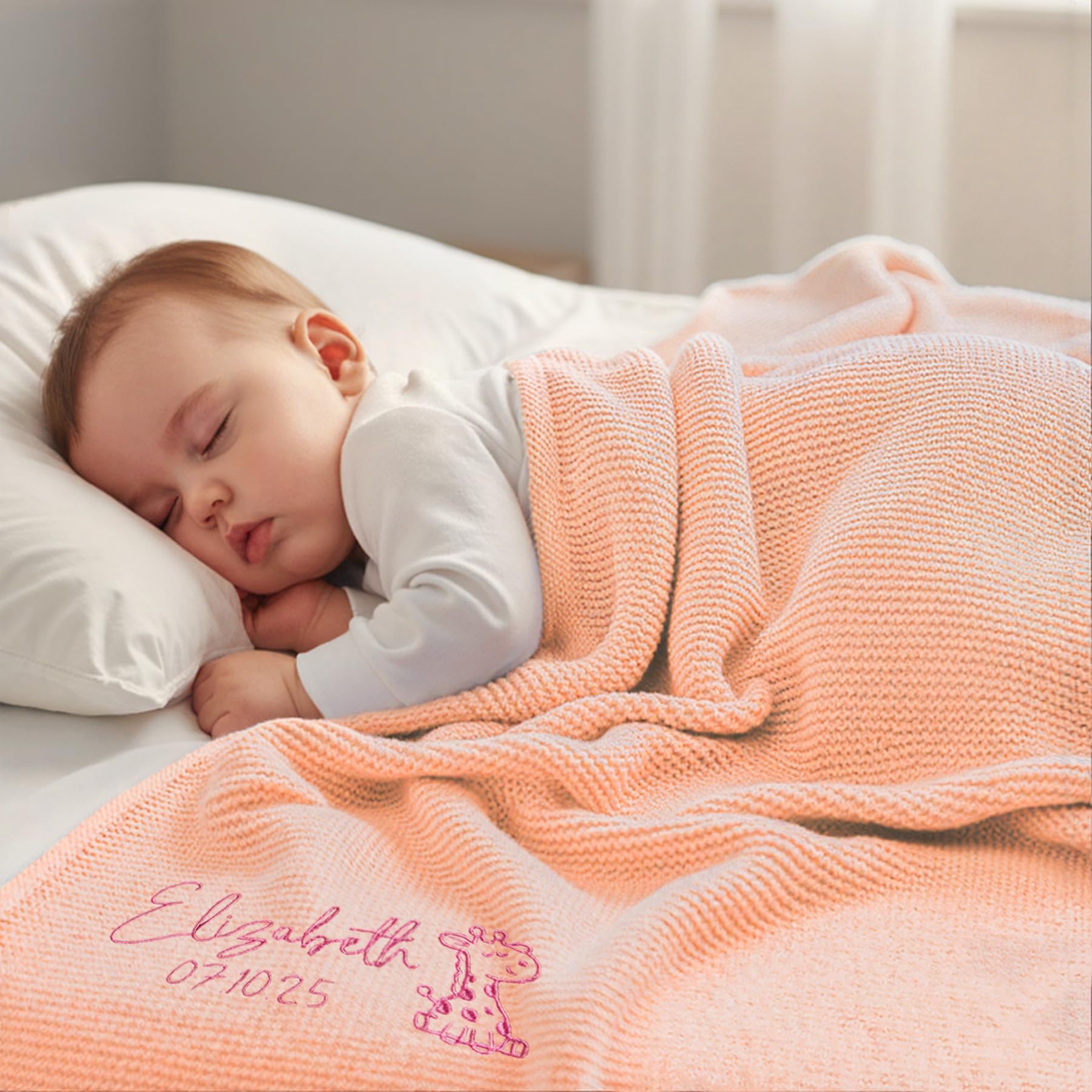 Stepdiy Custom Knit Blanket with Name for Baby Girls, Personalised Embroidered Blanket for Newborn, 80x100cm Customised Blanket for Baby Shower Baby's First (Light Pink)