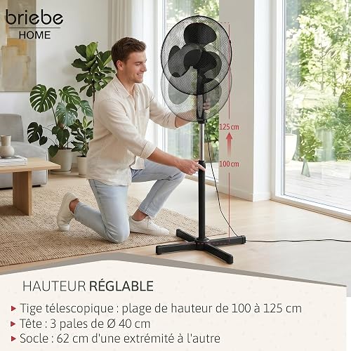 briebe Ventilateur sur Pied Silencieux, Télécommande, Minuterie jusqu'à 7,5 Heures, Oscillation 80º, 3 Modes de Fonctionnement, 3 Vitesses, Hauteur Réglable 100-125cm, Ø 40cm, Noir - 6