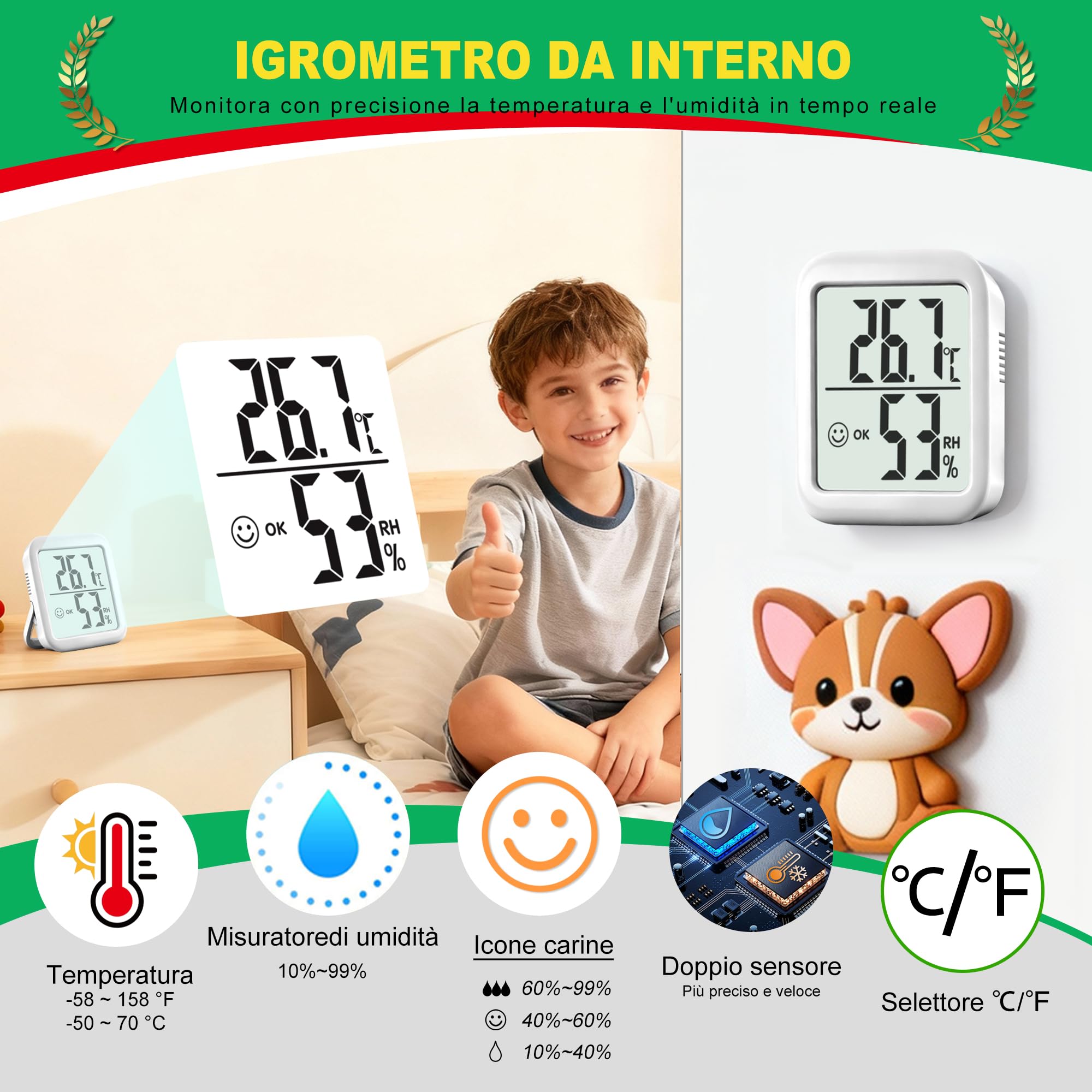 Termometro Ambiente Interno Igrometro Digitale 2 pezzi Monitor Temperatura Umidità per Casa Terrario Incubatrice Serra