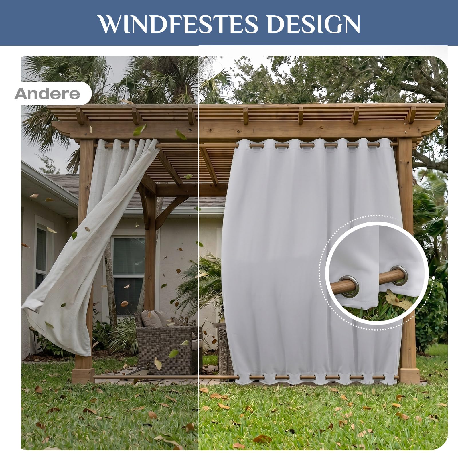 Outdoor Vorhang Wetterfest Extra Breit B254xH243cm, Winddicht mit Ösen Oben und Unten, Sichtschutz &Sonnenschutz für Pavillon Terrasse Balkon Garten, 1 Stück (Grau Weiß)