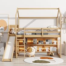Ball & Cast Twin Size Wood House Loft Bed with Slide and Storage Shelves,Playhouse Loft Beds Frame W/Full-Length Guardrail,Light and Climbing Ramp,Easy Assembly,Wood Slats Support for Kids,Wood Color
