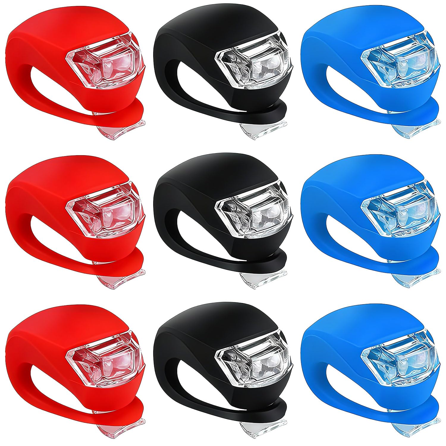 BINKUOMCG 9PCS Bike Lights for Kids, Multicolor LED Clip-On Silicone Bicycle Lights with 3 Modes, Waterproof Scooter Headlight & Taillight for Road Safety, Batteries Included (Multicolor)
