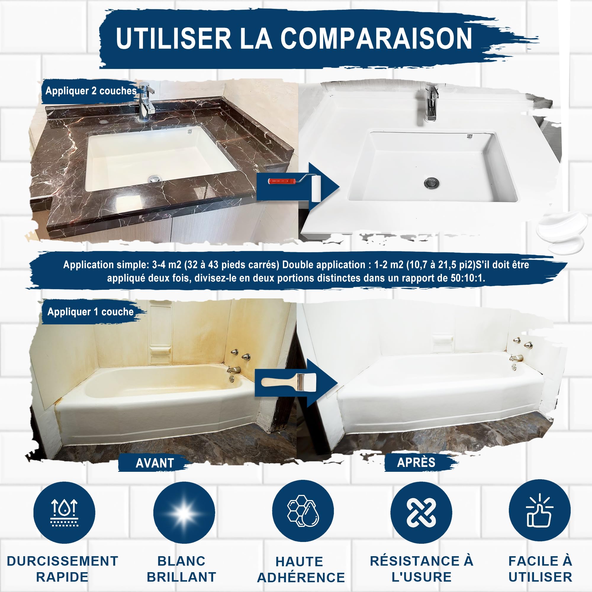 XUDOAI Peinture Baignoire Lavabo 610g, Peinture Baignoire Blanc Brillant Avec Outils, Convient pour Salle de Bain/Cuisine/Douche/Porcelaine/Evier/Céramique Rénovation des Couleurs
