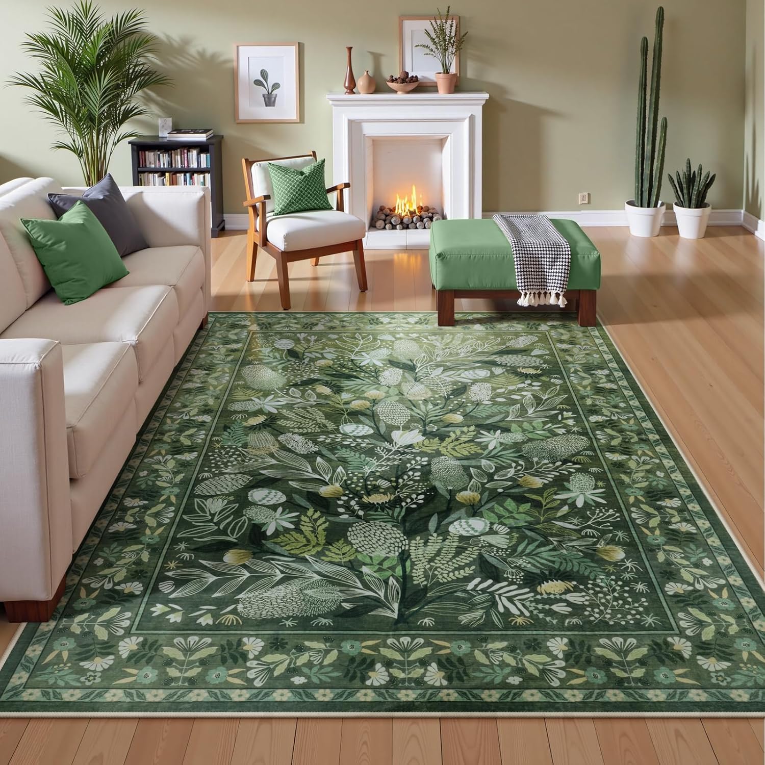Anidaroel Green Botanical Floral Washable 5x7 Area Rugs, Abstract Large Rugs for Living Room Non-Slip Soft Modern Rugs for Bedroom, Stain Resistant Accent Floor Carpet for Dining Room Entryway Green 5'x7'