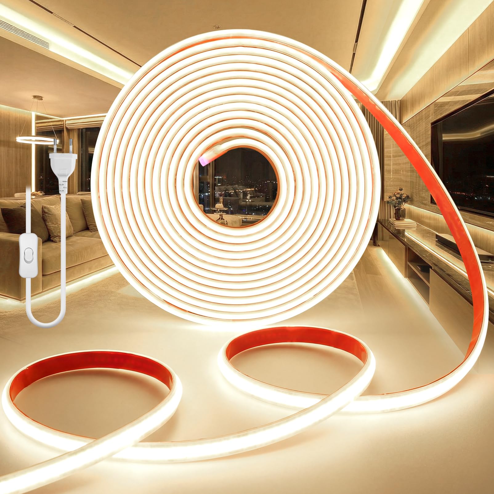 Ruban LED 220V COB 2M Blanc Naturel 4000K Bande LED Extérieur Flexible Etanche IP65 Imperméable Recoupable Bandeau Autocollant 320LEDs/M Intérieure avec Alimentation pour Cuisine Chambre