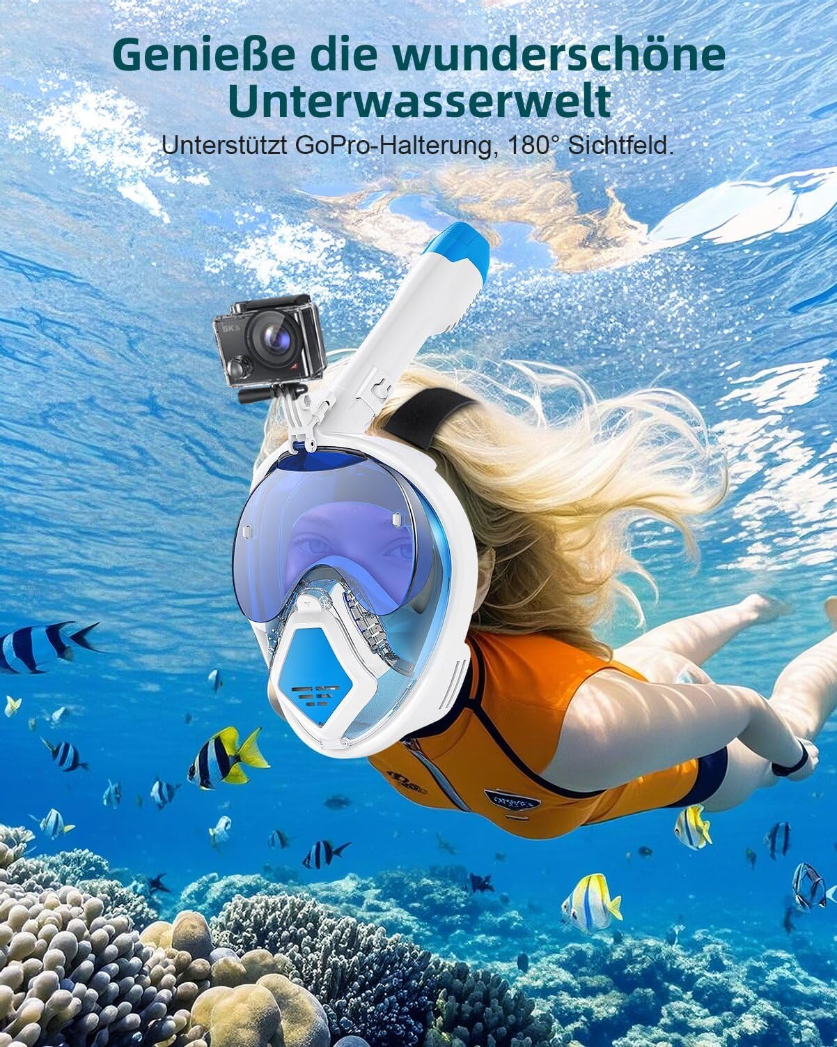 Maschera da Snorkeling per Adulti, Maschera Integrale sicura di CO2，Mascherina Facciale per snorkeling, Anti-appannamento, Supporto per Fotocamera, Occhiali da Sole Pieghevoli, 180° Visuale Panoramica