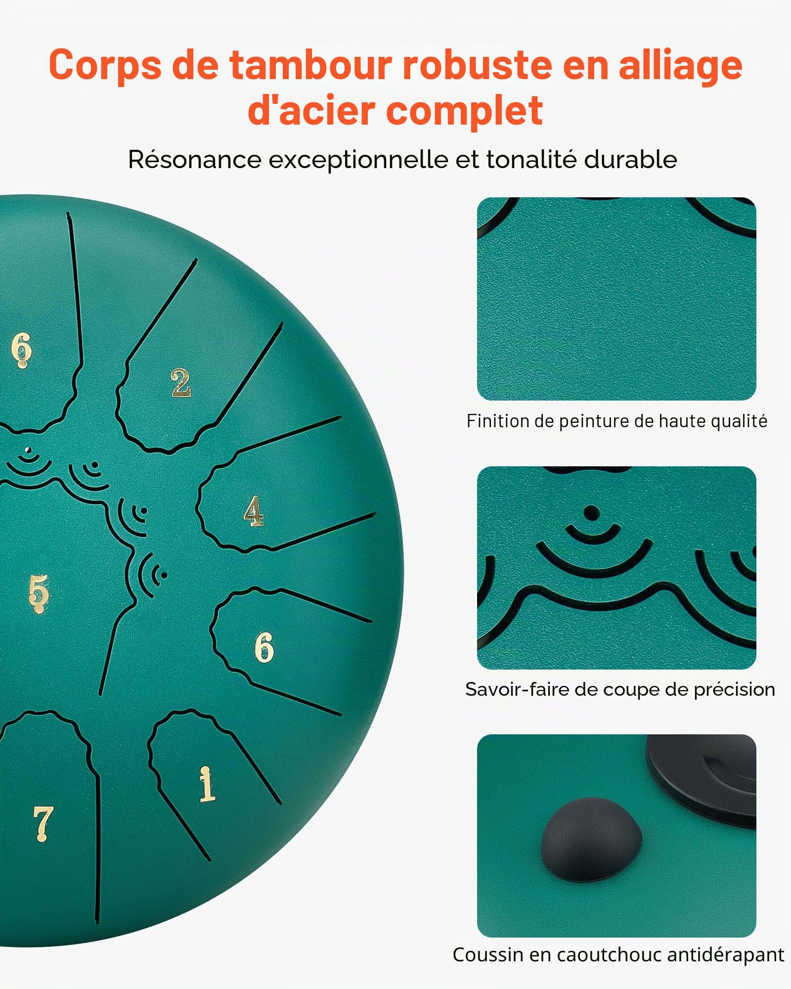 VEVOR Tambour à Langue en Acier 25,4 cm 11 Notes Tambour de Pluie Do Majeur avec Livre de Partitions et Mailloches Instrument de Percussion pour Méditation Yoga Éducation Initiation Musique, Vert