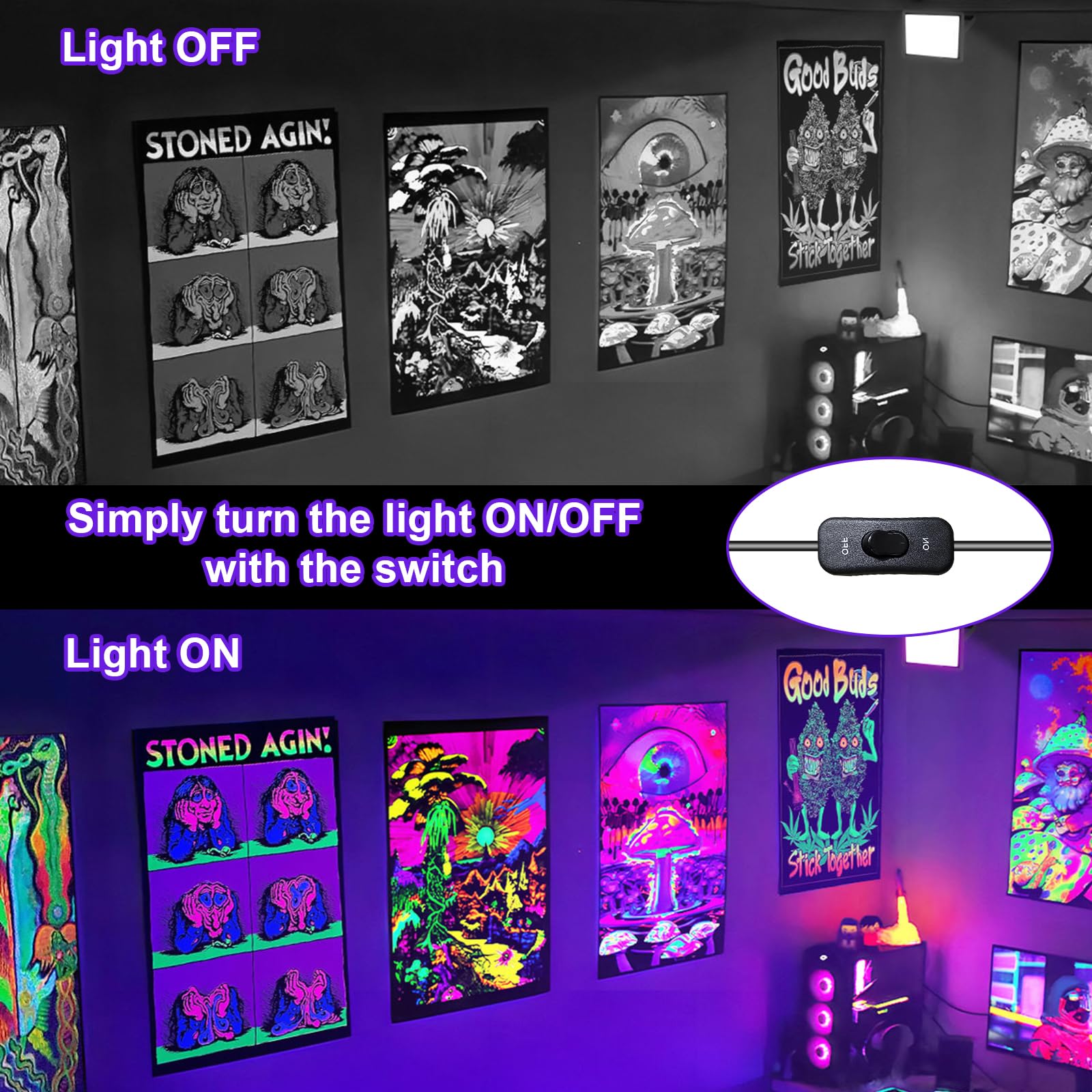 Luce Nera UV 50W, Indmird Faretto UV LED con Interruttore, 395-400nm Potente Faro UV Impermeabile IP65 Lampada UV per Festa Glow,Pittura,Acquario,Natale,Halloween
