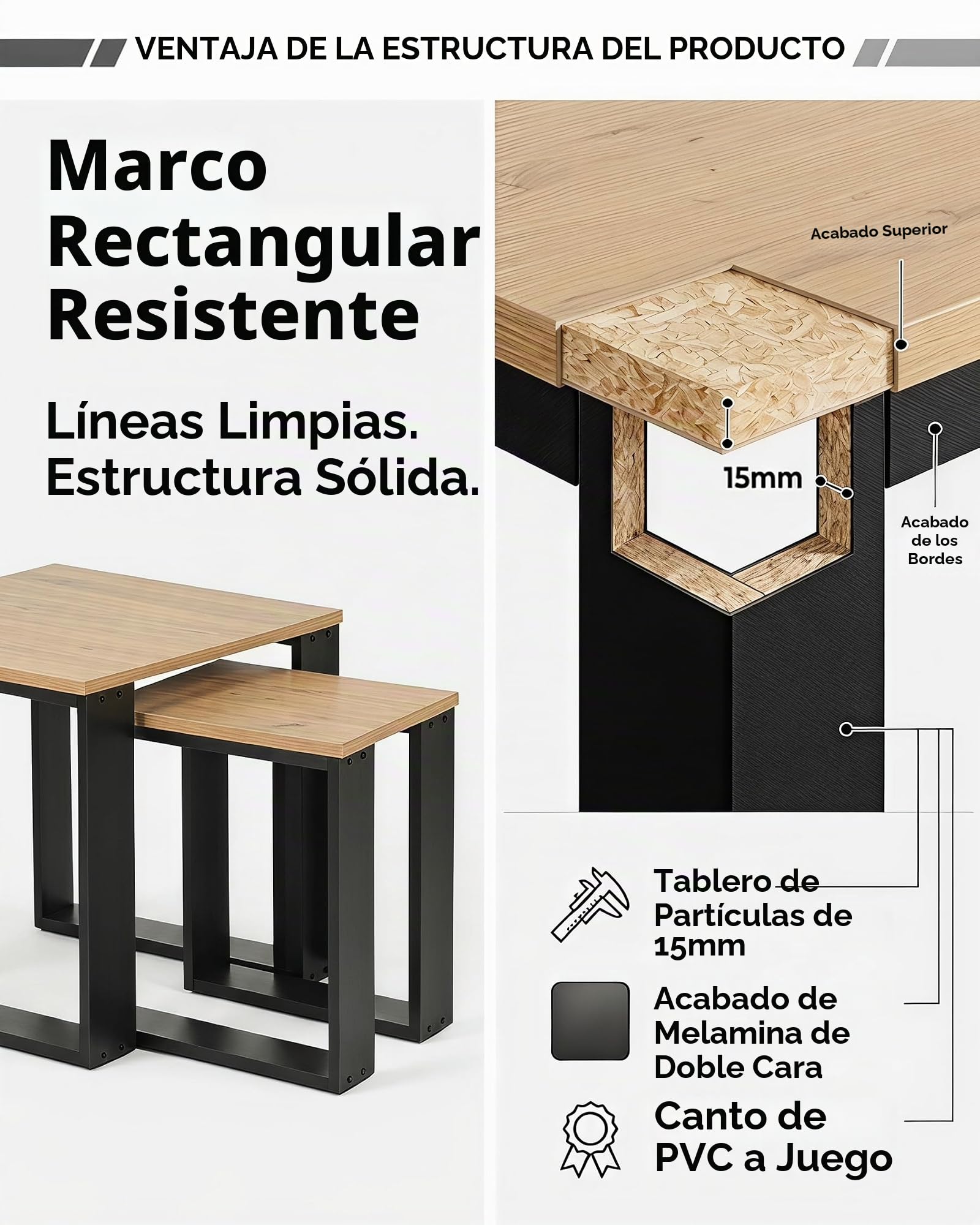 Mesa de Centro 2 Unidades Set Mesas Auxiliares con Estante para Salón Sofá Muebles de Salón