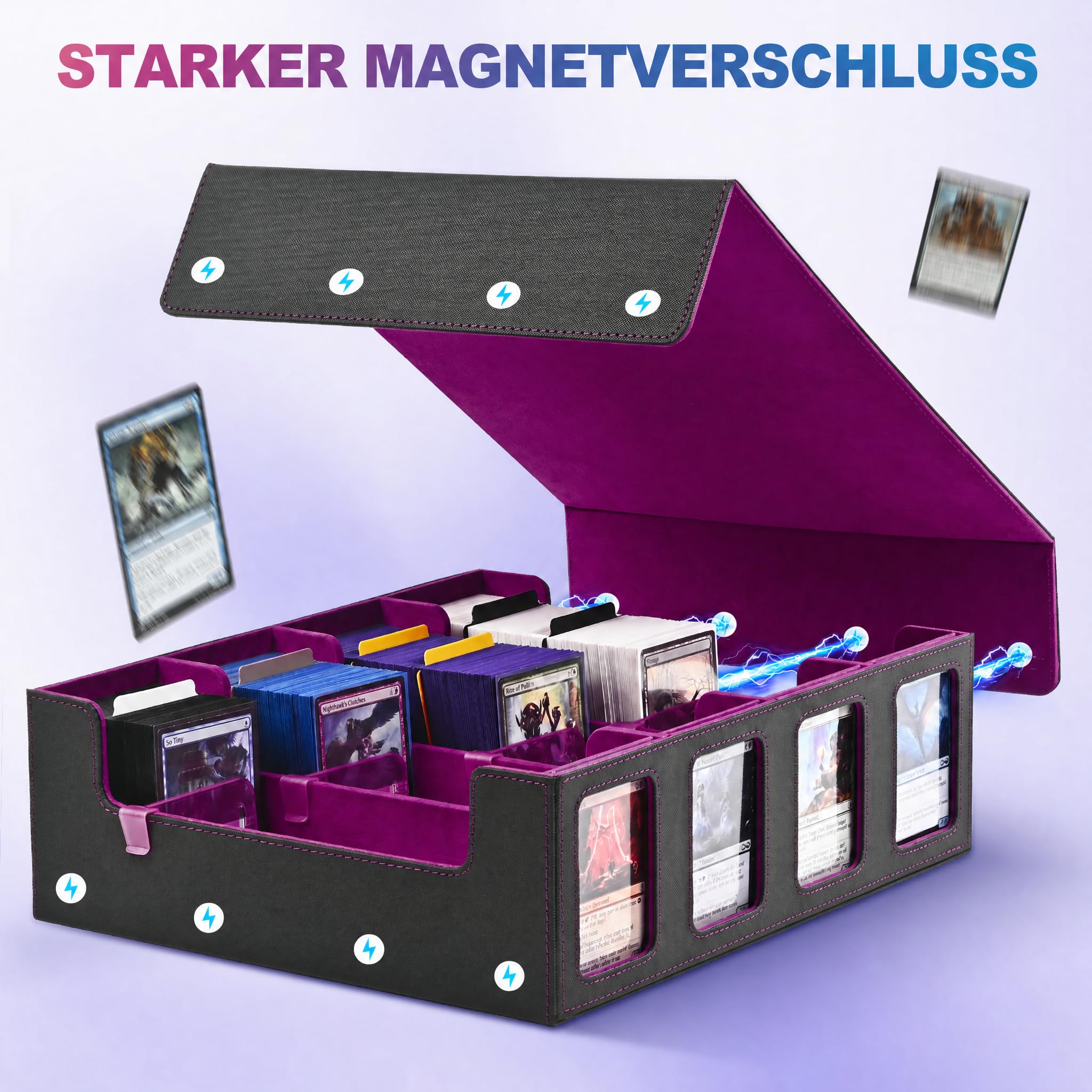 UAONO Trading Card Storage Box für Commander Display, 2400+ MTG Deck Box mit 4 Top Loaders, TCG Card Case passend für Magic PTCG Sports Cards（Schwarz&Lila）