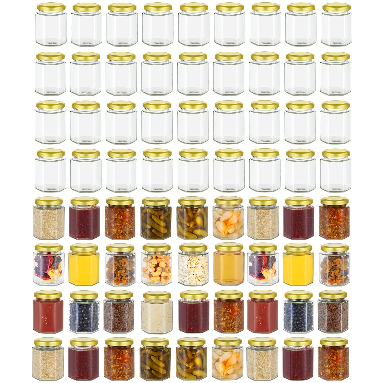 Artist Hand Juego de 72 tarros de cristal de 280 ml con tapa de rosca dorada, tarros hexagonales para mermelada, miel, jalea, chutney, pesto y especias