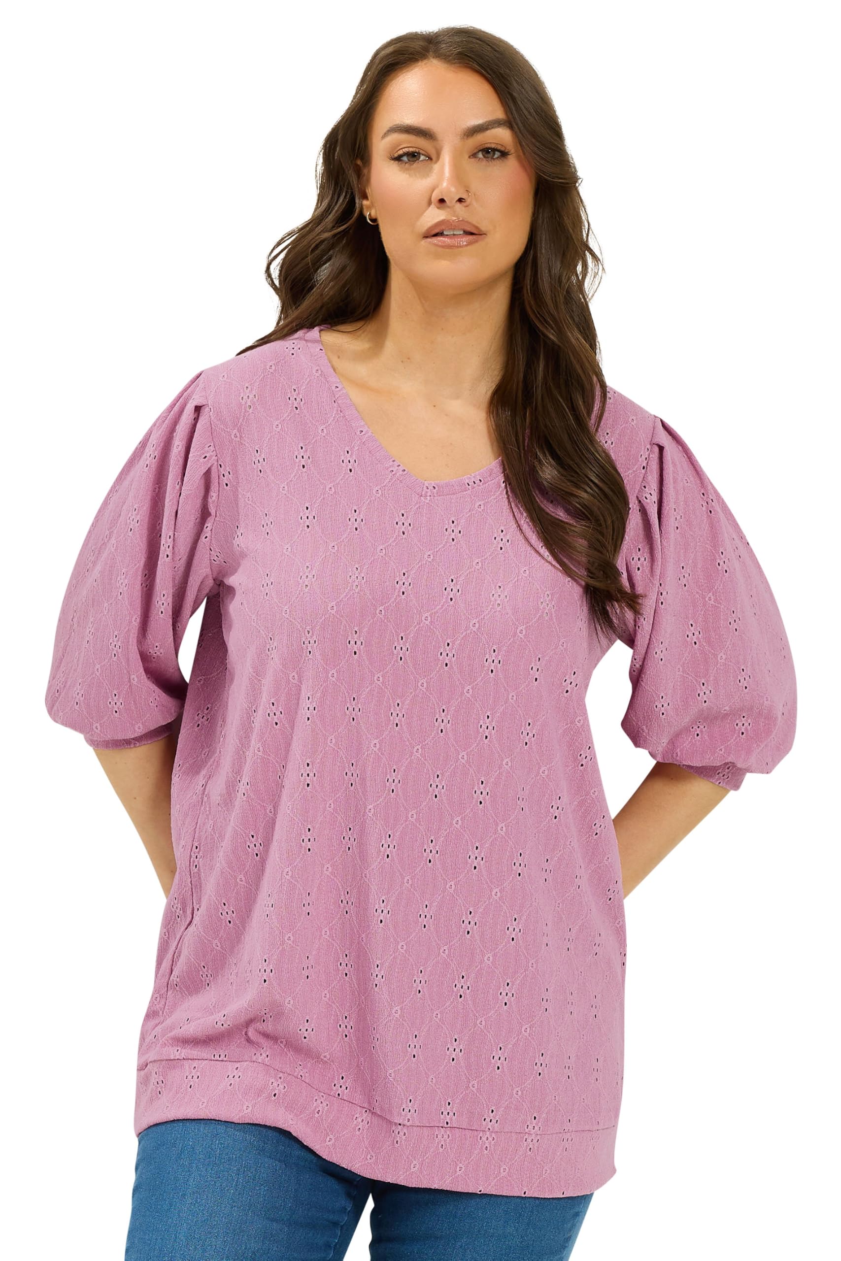 Yours - Women's - Top - Broderie Anglaise Balloon Sleeve - Pink - 26-28