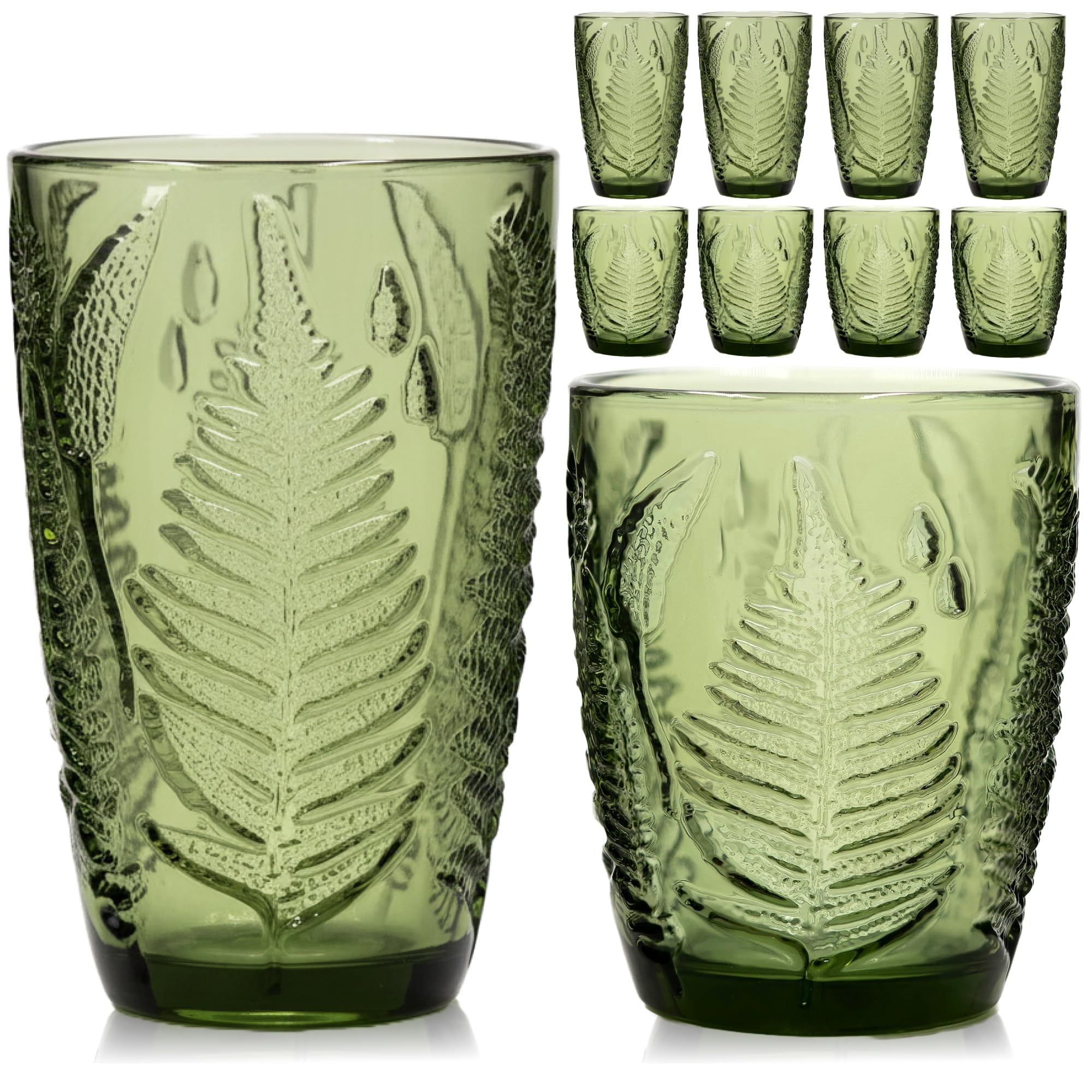 Vintage Green Drinking Glasses Set of 8, Mixed 10 oz & 12 oz Hand-Pressed Textured Glass Cups, Fern Embossed Retro Colored Glassware, Decorative