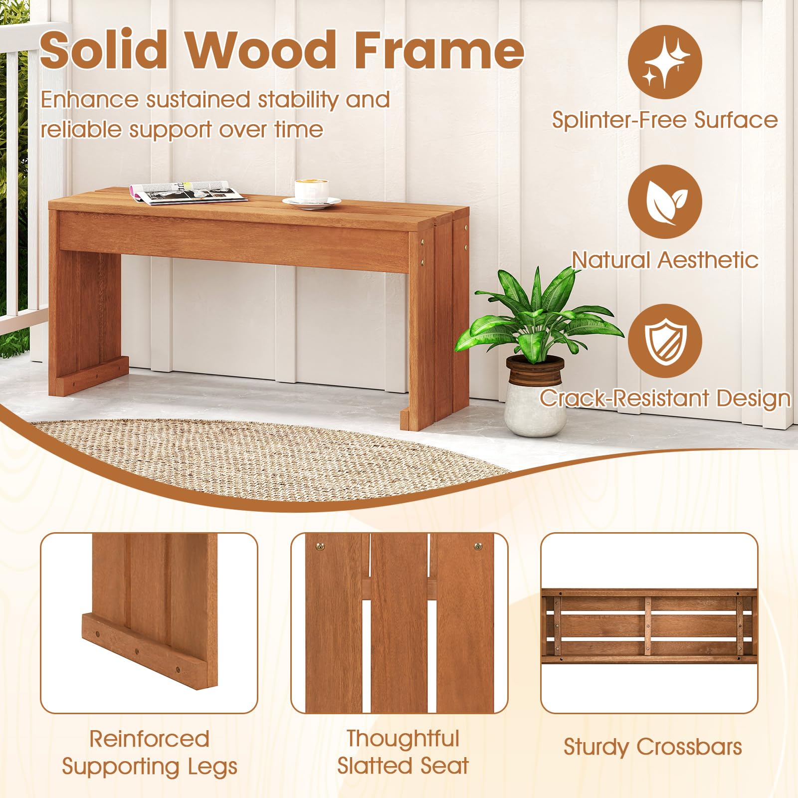 FANTASK Gartenbank ohne Rückenlehne, wetterfeste Holzbank aus Hartholz, Balkonbank & Blumenbank für Garten, Balkon & Terrasse, 90 x 30 x 44 cm