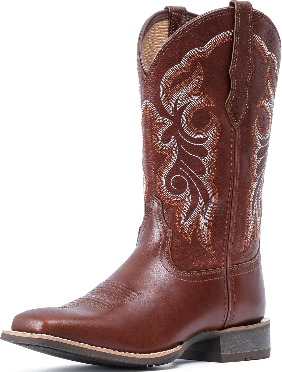 IUV Women's Leather Western Boots Square Toe Cowboy Boots for women Mid Calf Classic Cowgirl Boots Genuine leather toe and heel, textured sheepskin shaft