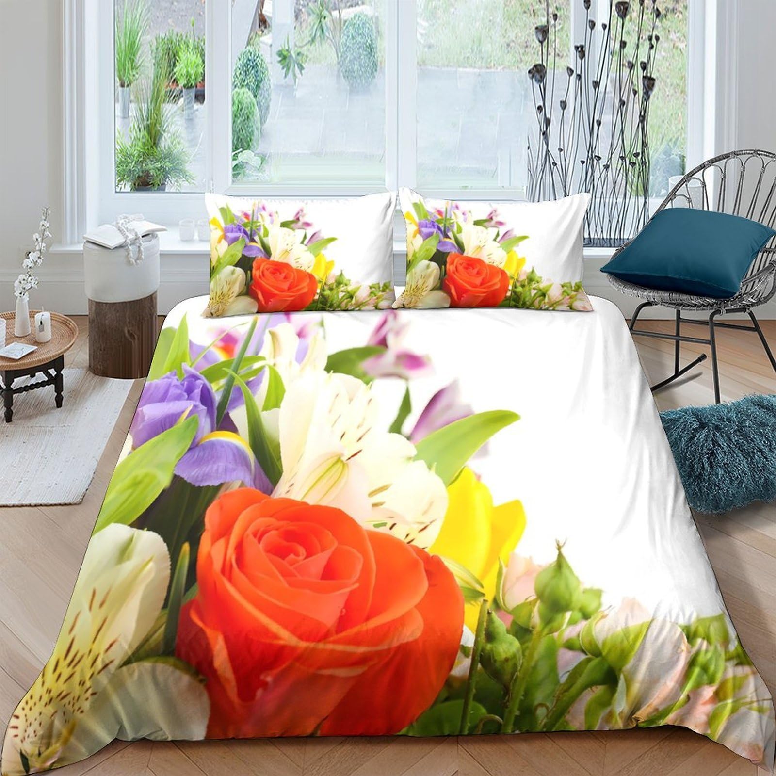 Ctjqhvkz Style-10 3D Printed Floral Bouquet Fitted Sheet Microfiber Soft Orange Rose Mattress Cover For Bedroom Guest Room Home Decor Single（135X200cm）