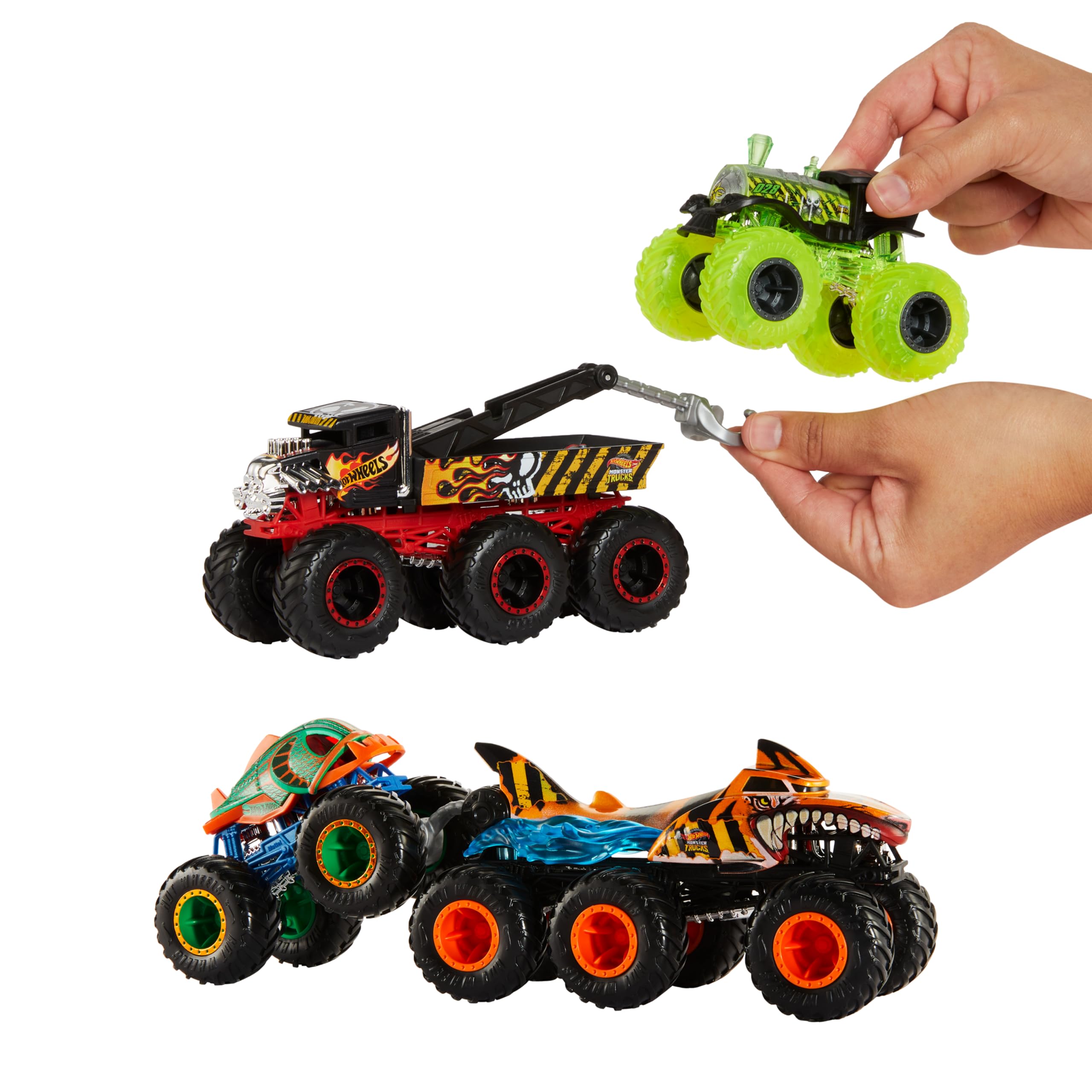 Hot Wheels Monster Trucks – Grandi Tir, camion die-cast 1:64 con 6 ruote (Un modello a sorpresa tra stili assortiti), può trasportare o trainare altri veicoli, giocattolo per bambini 3+, HWN86