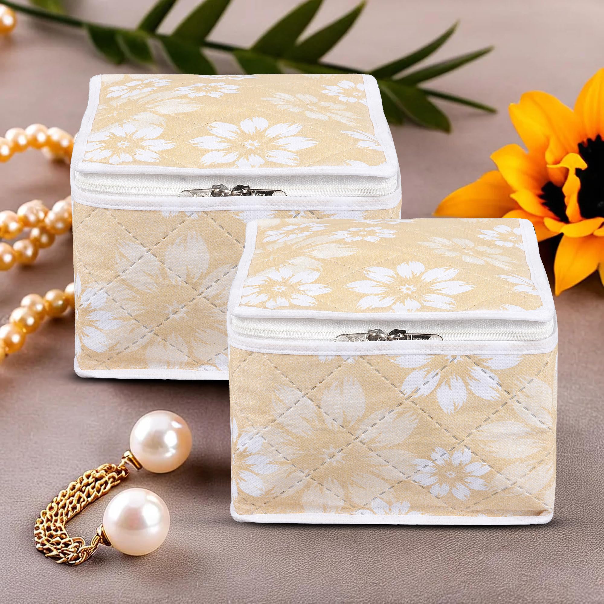 Kuber Industries Pack of 2 Makeup Storage Bag | Jewellery Kit for Woman | Waterproof Watches Organizer | 10 Detachable Pouch | Square Locker Kit for Travel | Flower Quilted | Golden